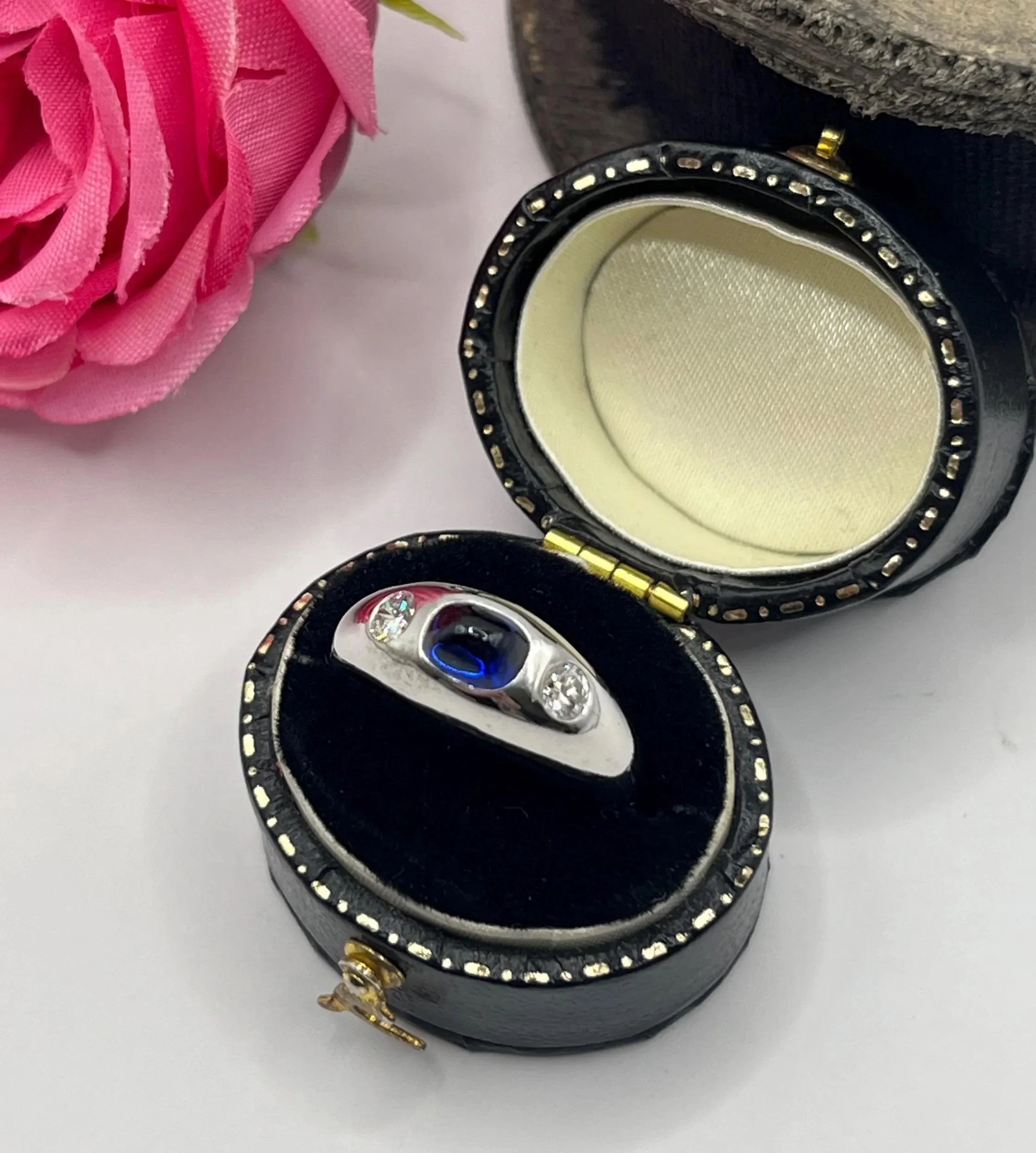 Vintage 18ct White Gold, Cabochon Sapphire Diamond Ring, Circa 1980s