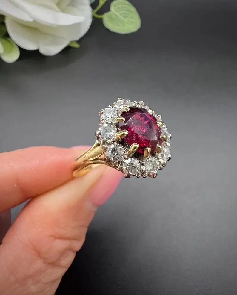 Vintage 18ct Gold, 1950s Ruby & Diamond Cluster Ring