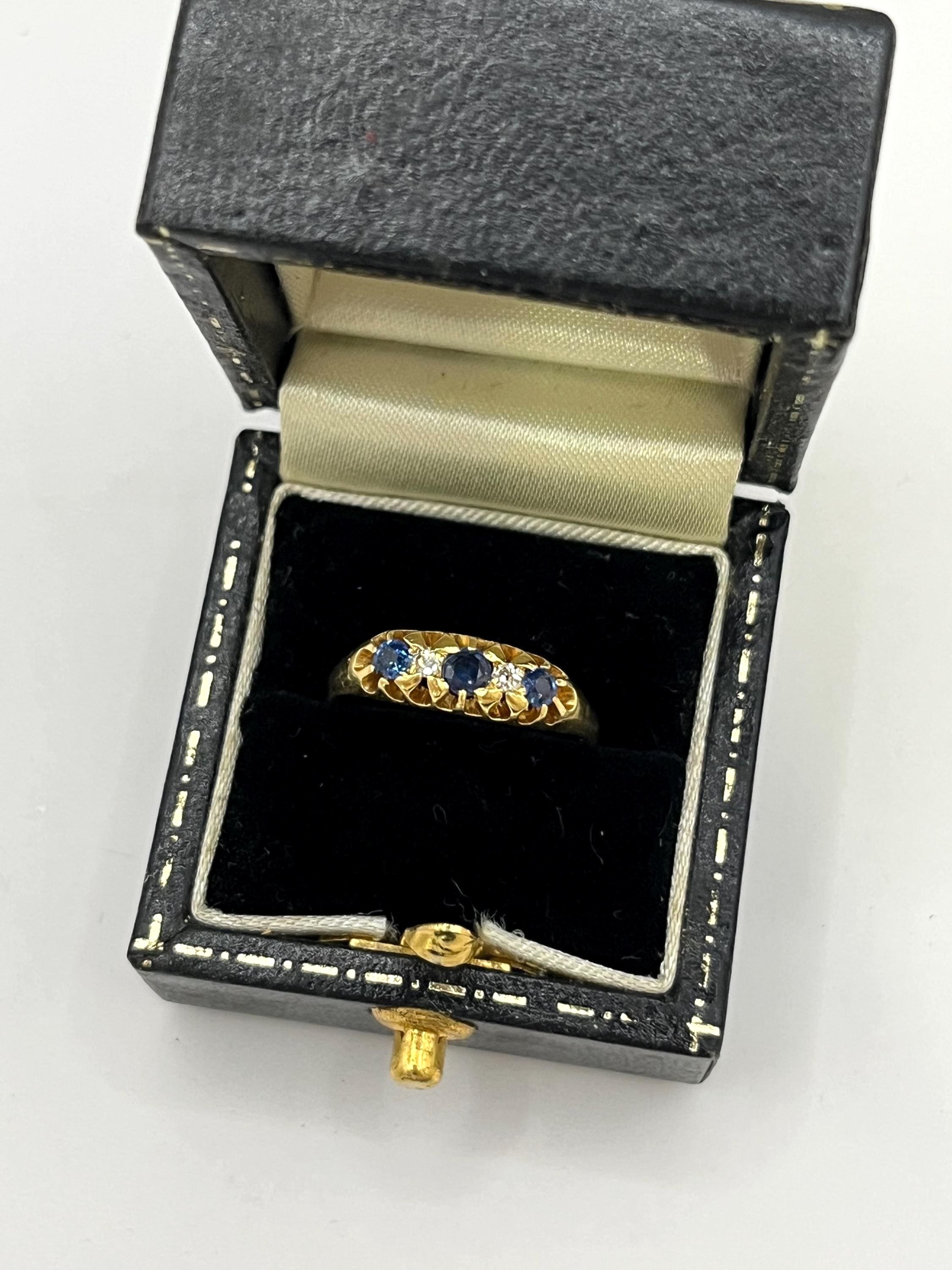 Antique 18ct Yellow Gold, Victorian Sapphire & Diamond Five Stone Gypsy Band Ring