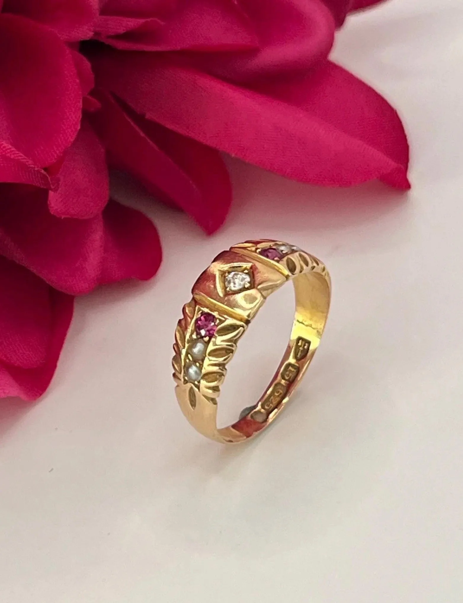 Antique 15ct Yellow Gold, Victorian Ruby, Pearl & Diamond Gypsy Ring, Hallmarked Chester 1892