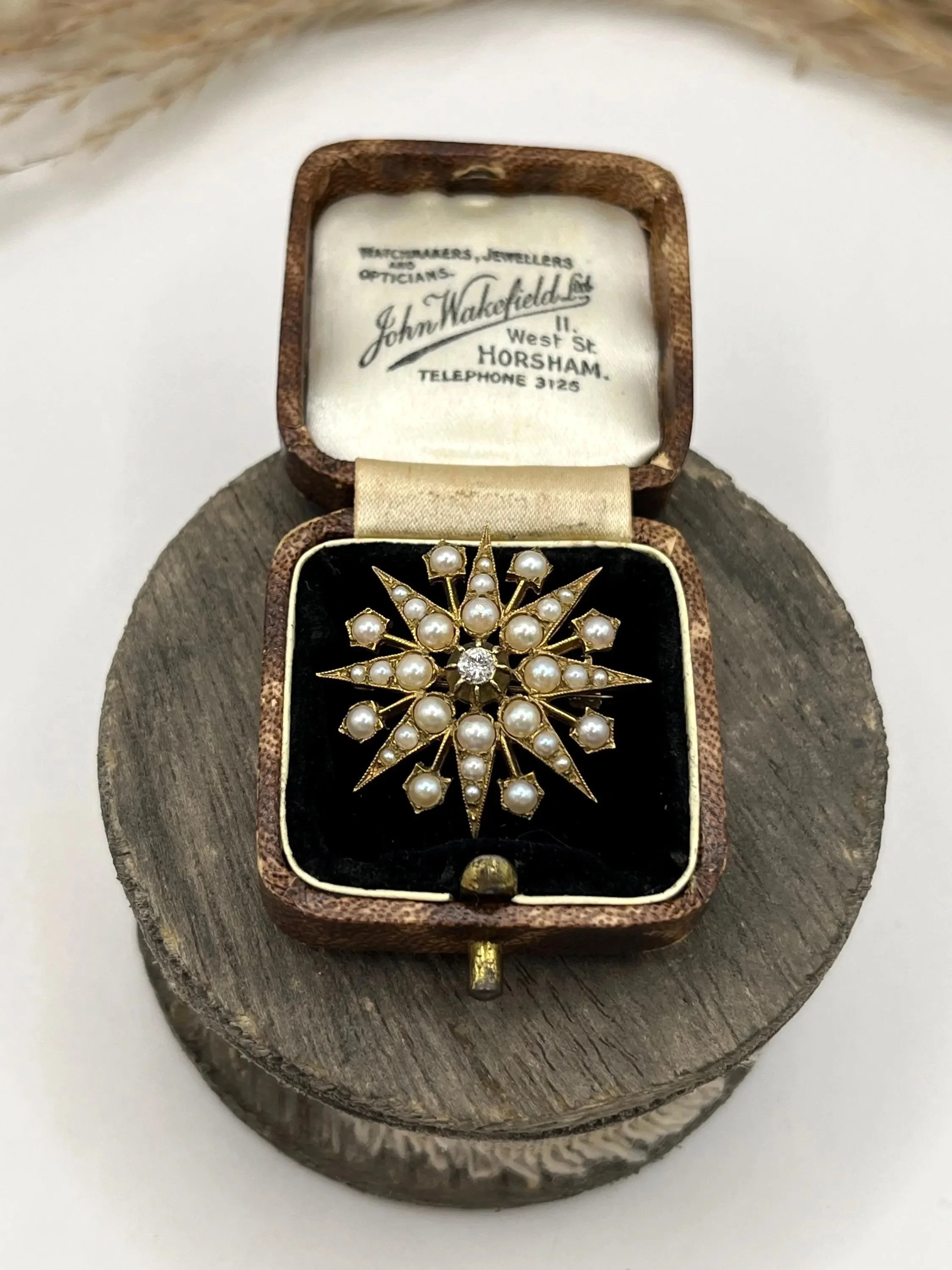 Antique 9ct Gold Edwardian Diamond and Pearl Starburst Pendant and Brooch