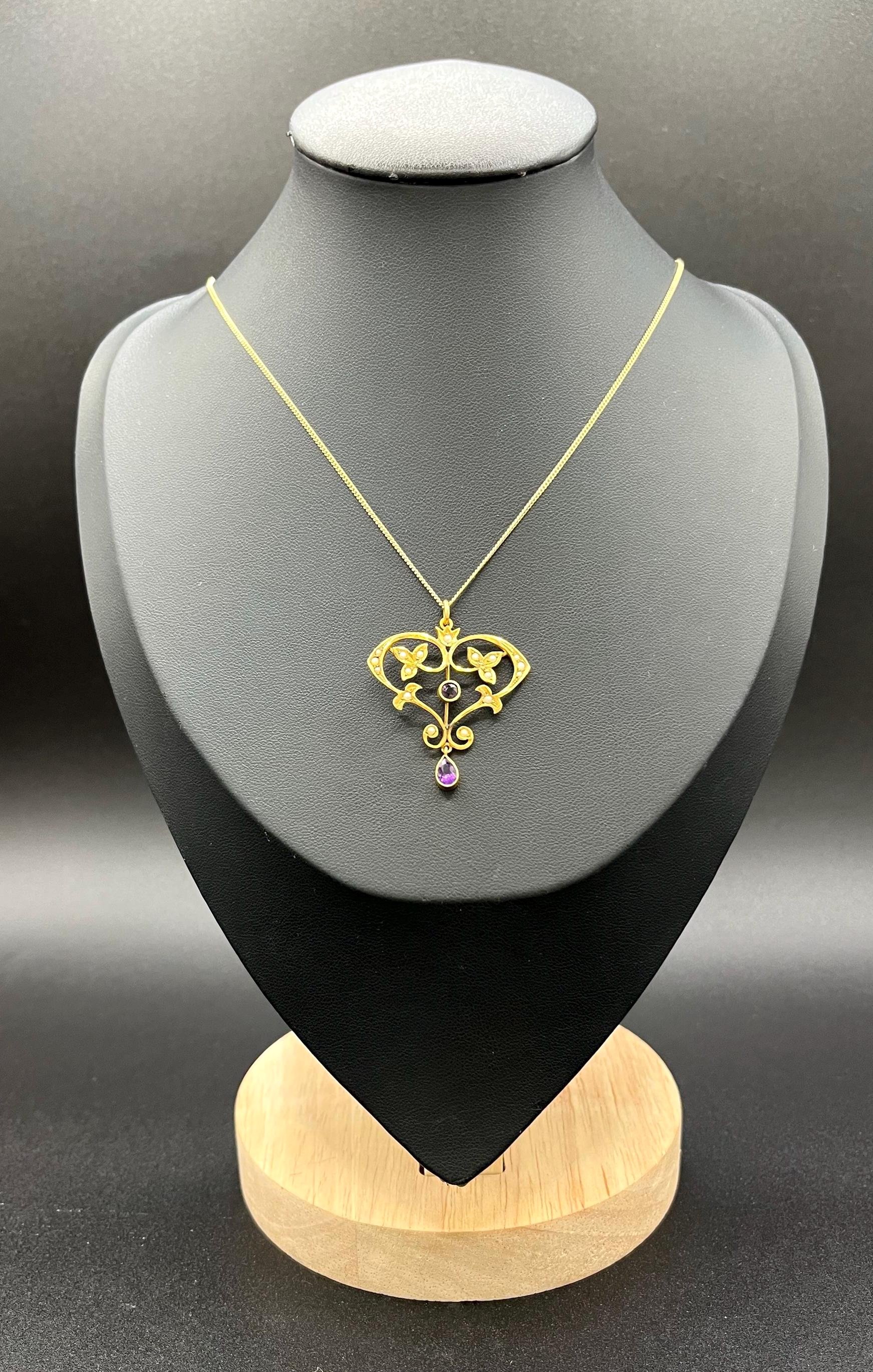 Antique 9ct Gold Edwardian Amethyst & Pearl Pendant, Circa 1910