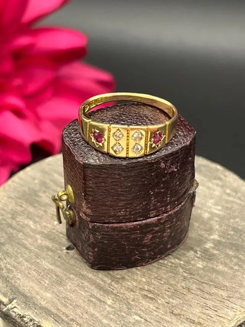 Antique 15ct Yellow Gold, Chester Hallmarked, Victorian Ruby & Diamond Gypsy Ring
