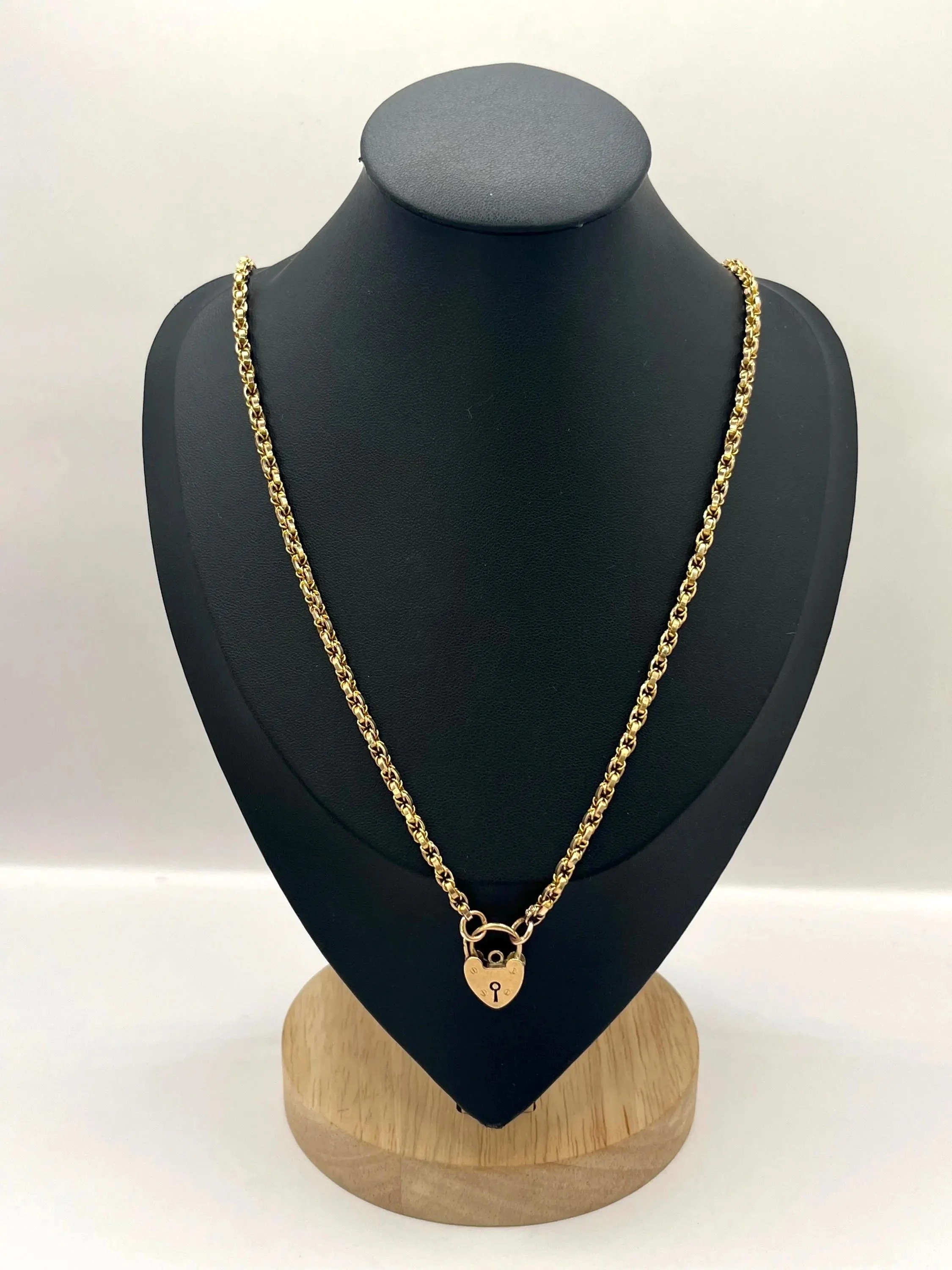 Antique 9ct Gold Stamped, 21 Inch Fancy Link Chain Necklace with Heart Padlock Clasp