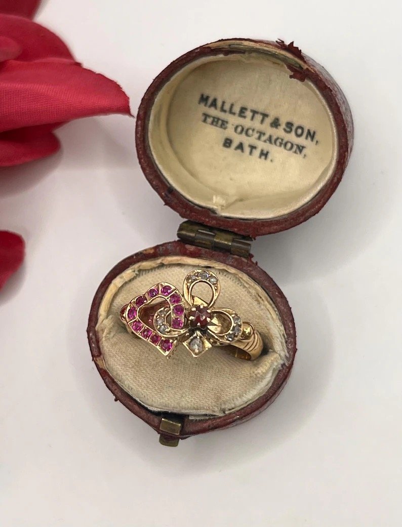 Antique 18ct  Gold Stamped, Ruby Heart & Diamond Fancy Ring, Circa 1900