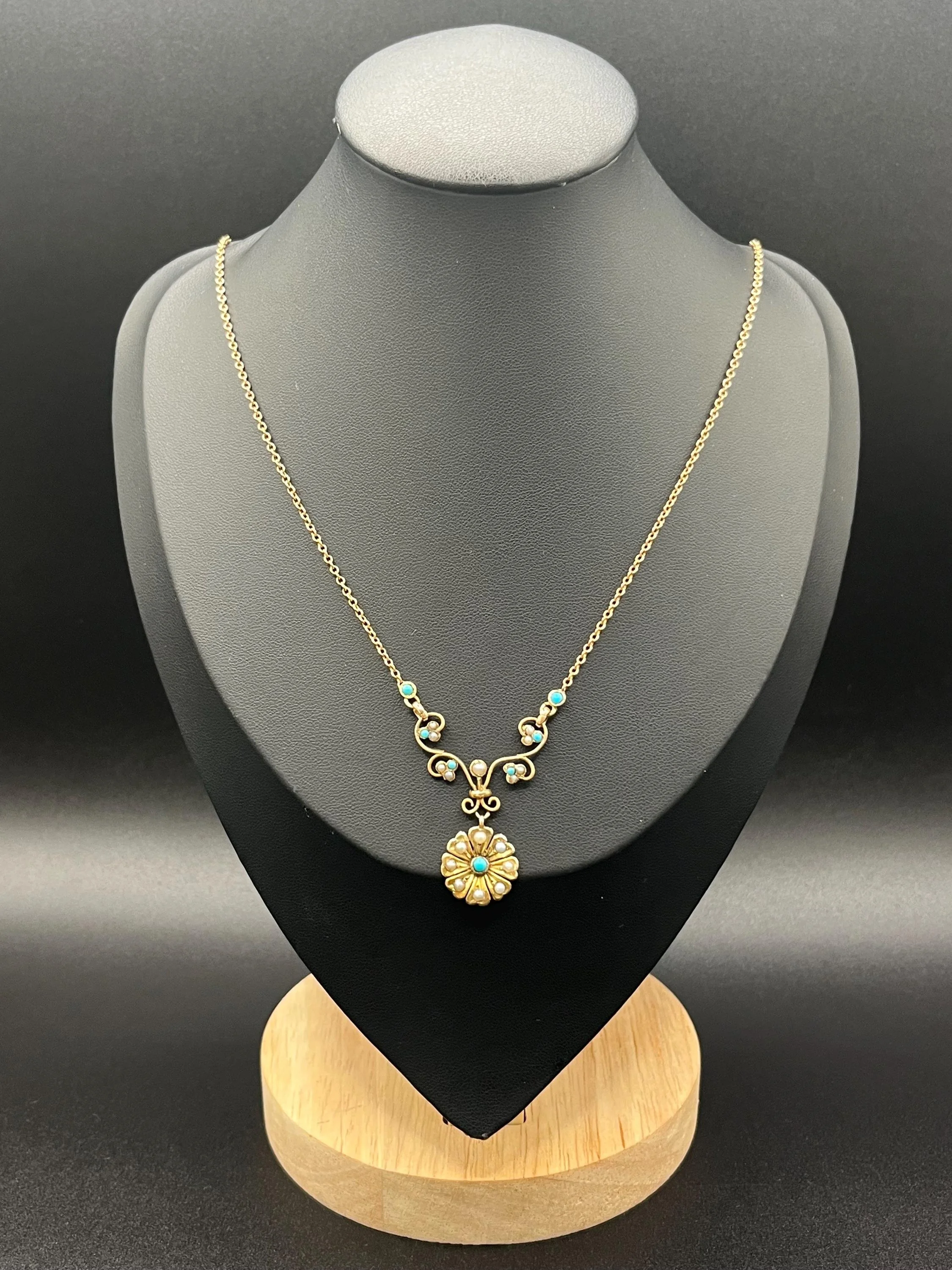 Antique 9ct Gold, Edwardian Pearl & Turquoise Flower Pendant