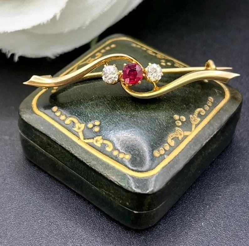 Antique 15ct Yellow Gold, Edwardian Diamond & Ruby Brooch