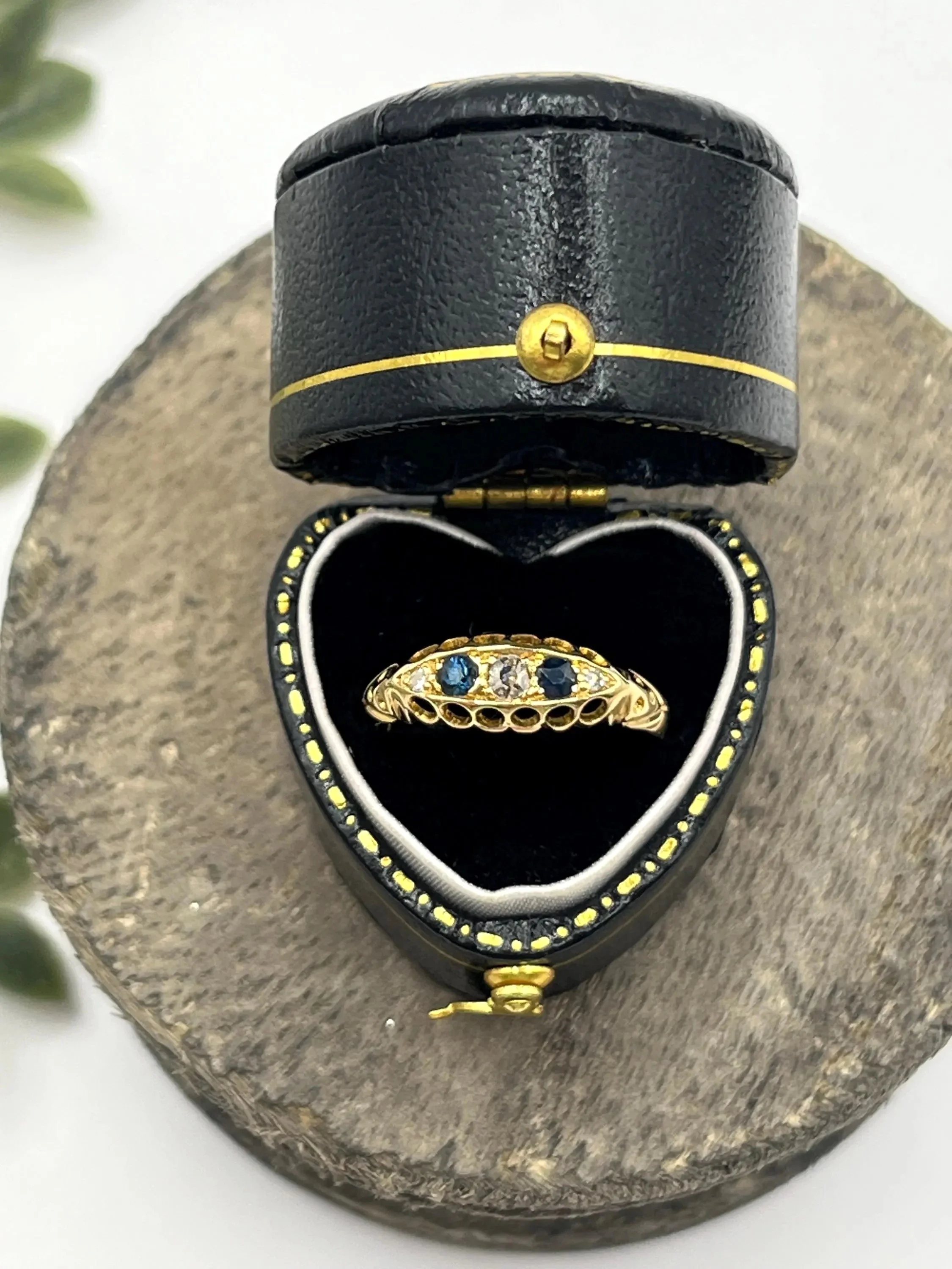 Antique 18ct Yellow Gold, Chester 1912 Hallmark, Sapphire & Diamond Five Stone Gypsy Band Ring