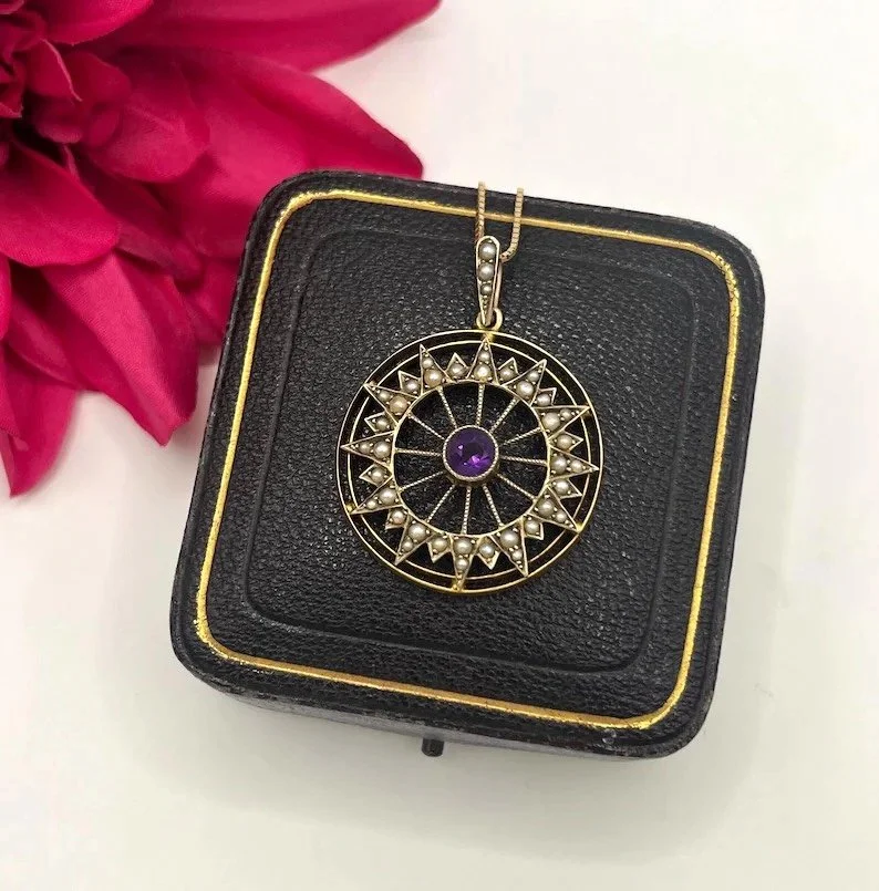 Antique 9ct Gold Edwardian Amethyst & Pearl Pendant