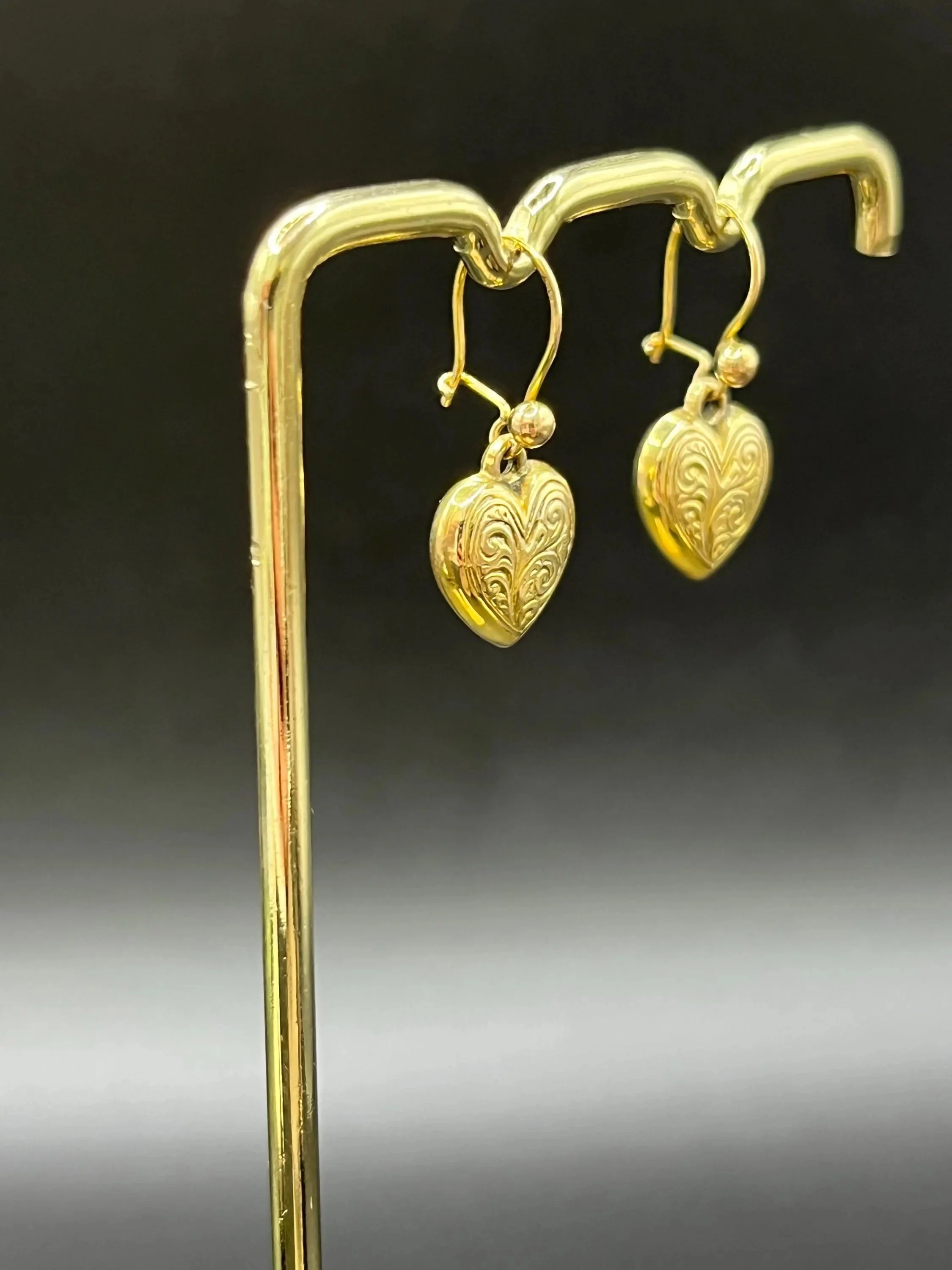 Vintage 9ct Gold Heart Drop Earrings, Circa 1970s