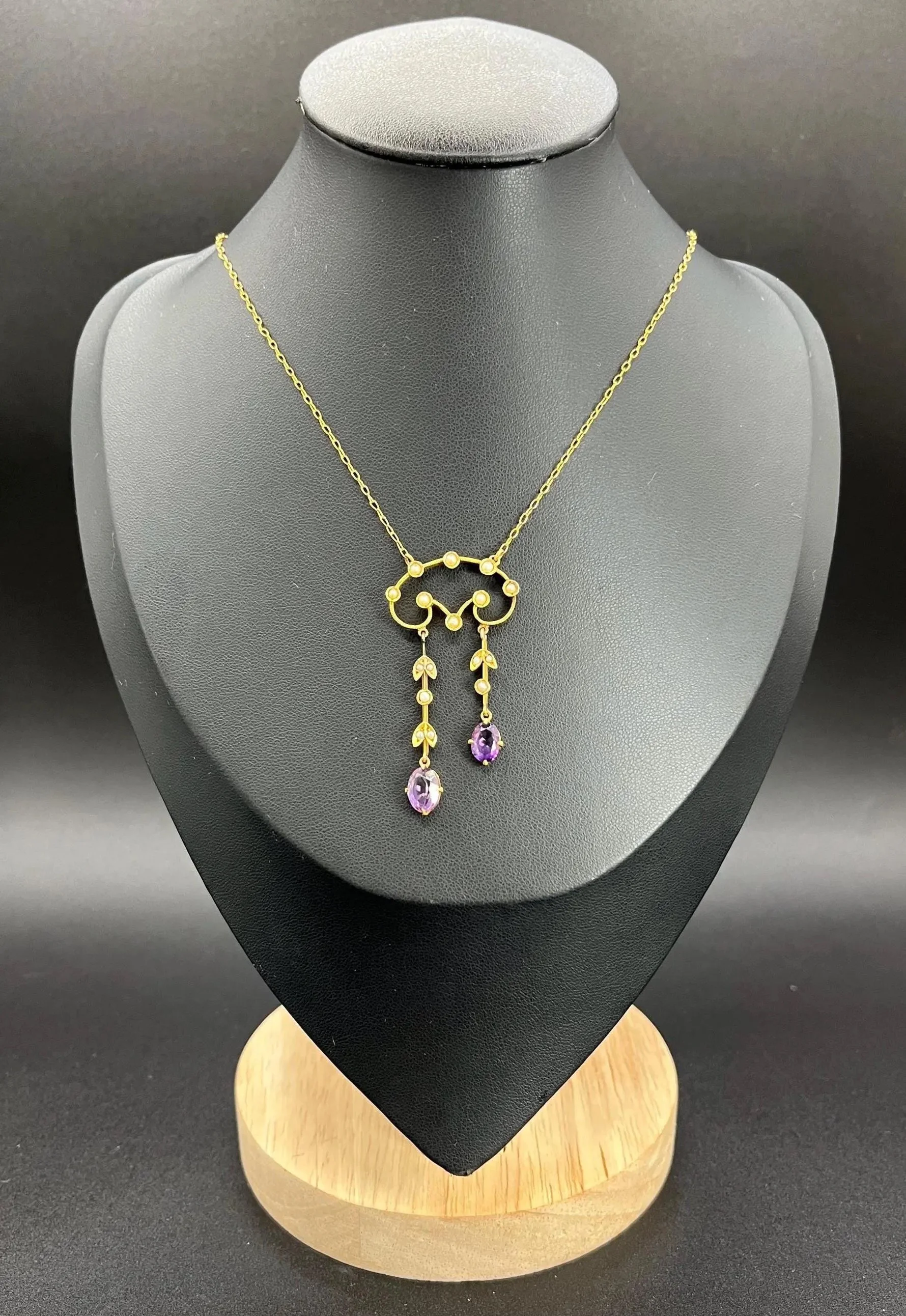 Antique 15ct Gold, Edwardian Amethyst & Seed Pearl Pendant Necklace