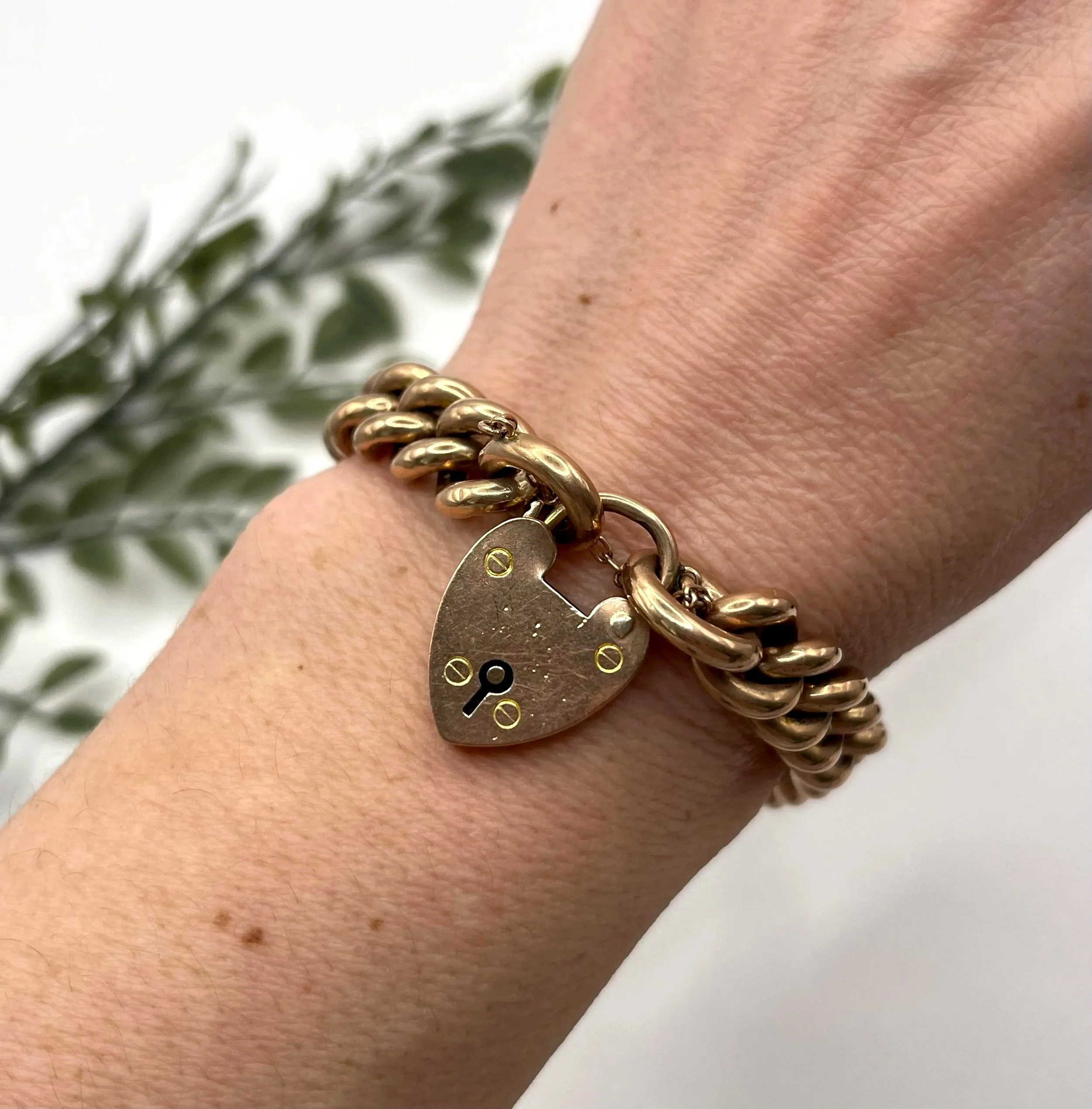 Antique 9ct Rose Gold Curb Bracelet: Edwardian Heart Padlock
