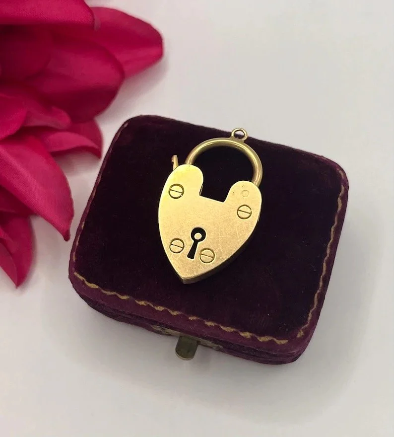 Antique 15ct Yellow Gold, Edwardian Heart Padlock Pendant, Bracelet Charm Clasp