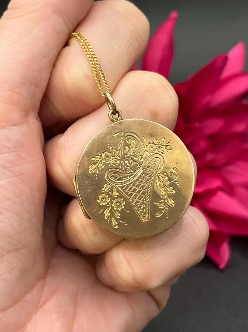 Antique 9ct Rose Gold Back & Front, Edwardian Round Floral, Swallow Locket