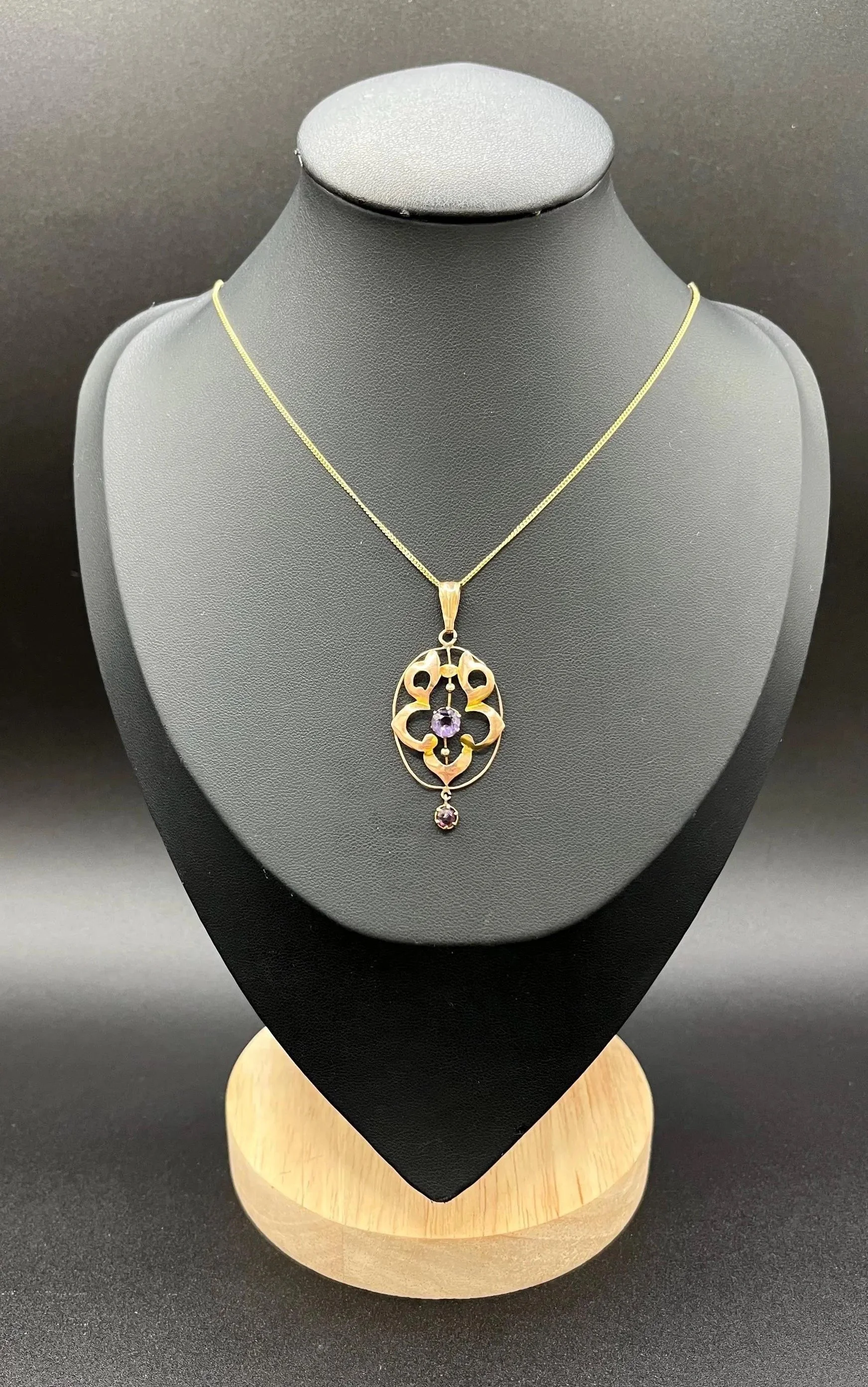 Antique 9ct Gold, Edwardian Amethyst Drop Pendant Circa 1910
