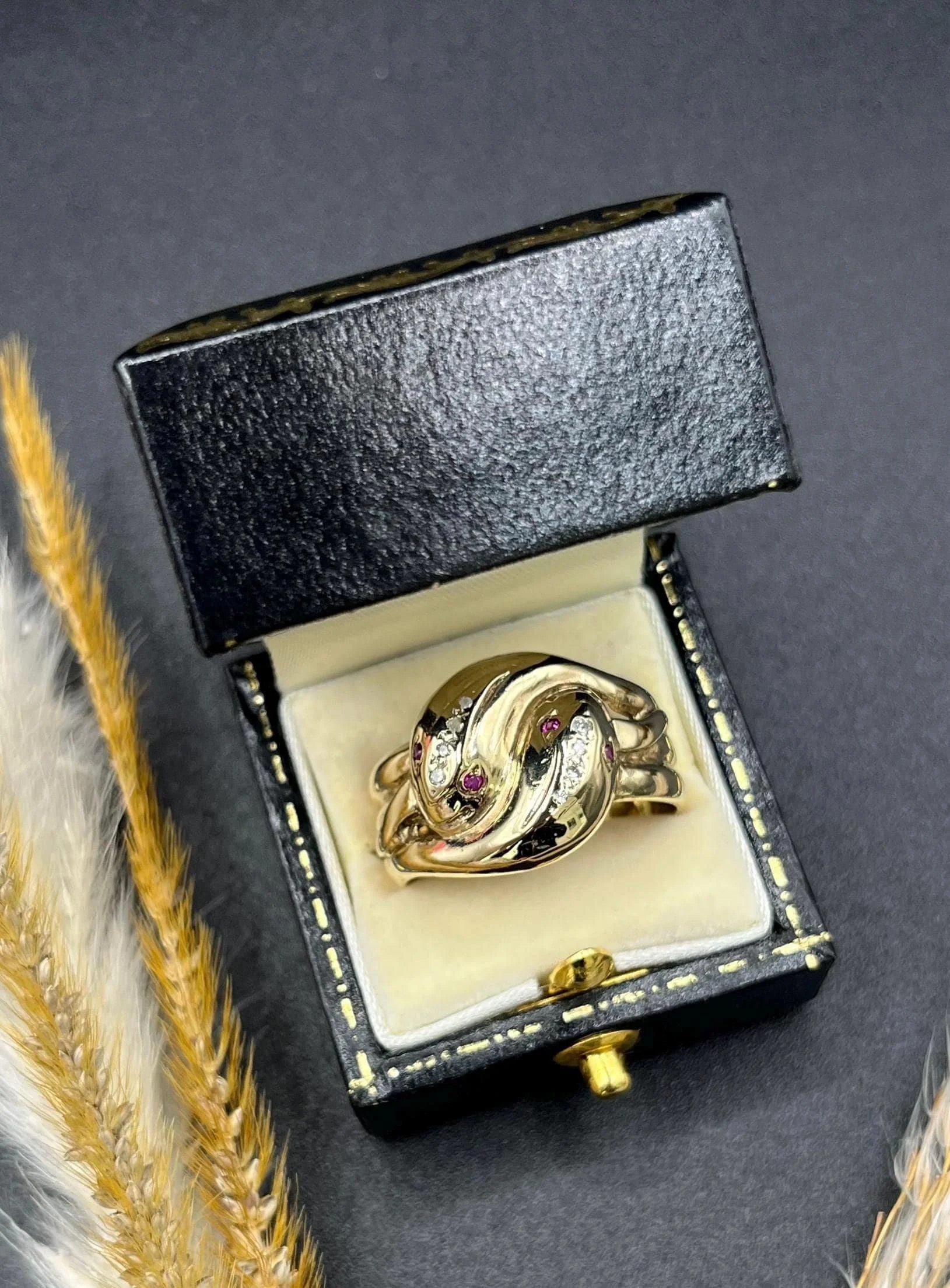 Vintage 9ct Gold, Hallmarked, London 1977, Double Headed Diamond Ruby Snake Ring