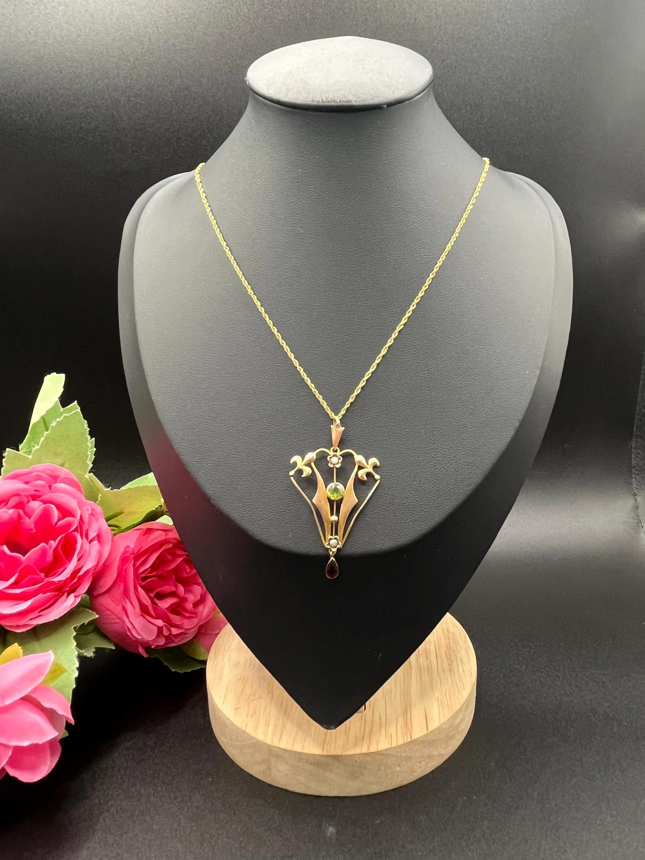 Antique 9ct Gold, Edwardian era Garnet, Peridot & Seed Pearl Suffragette Pendant