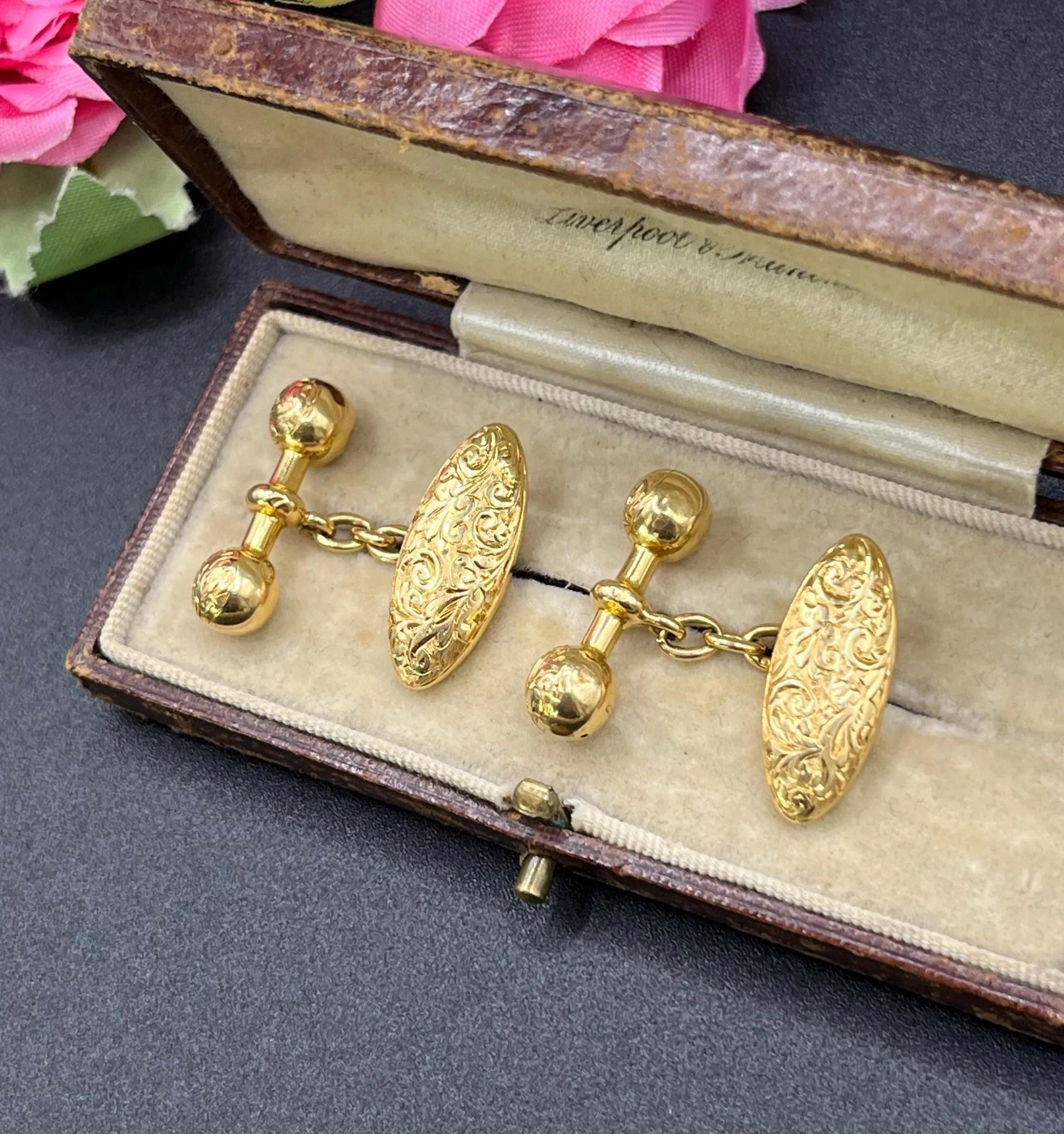 Antique 18ct Yellow Gold Victorian Cufflinks, Hand Engraved, Circa 1880