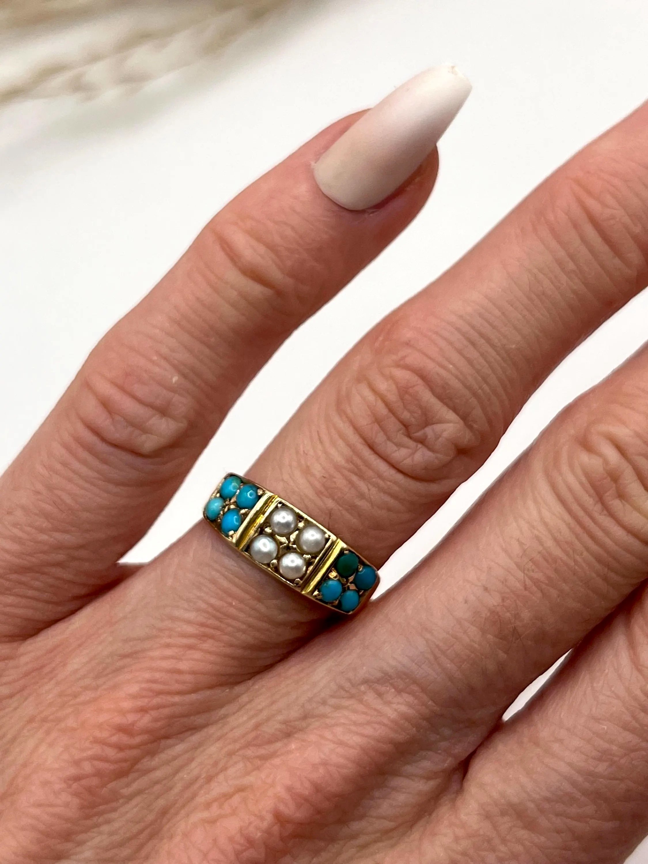 Antique 15ct Gold Turquoise and Pearl Ring - Birmingham Circa 1910