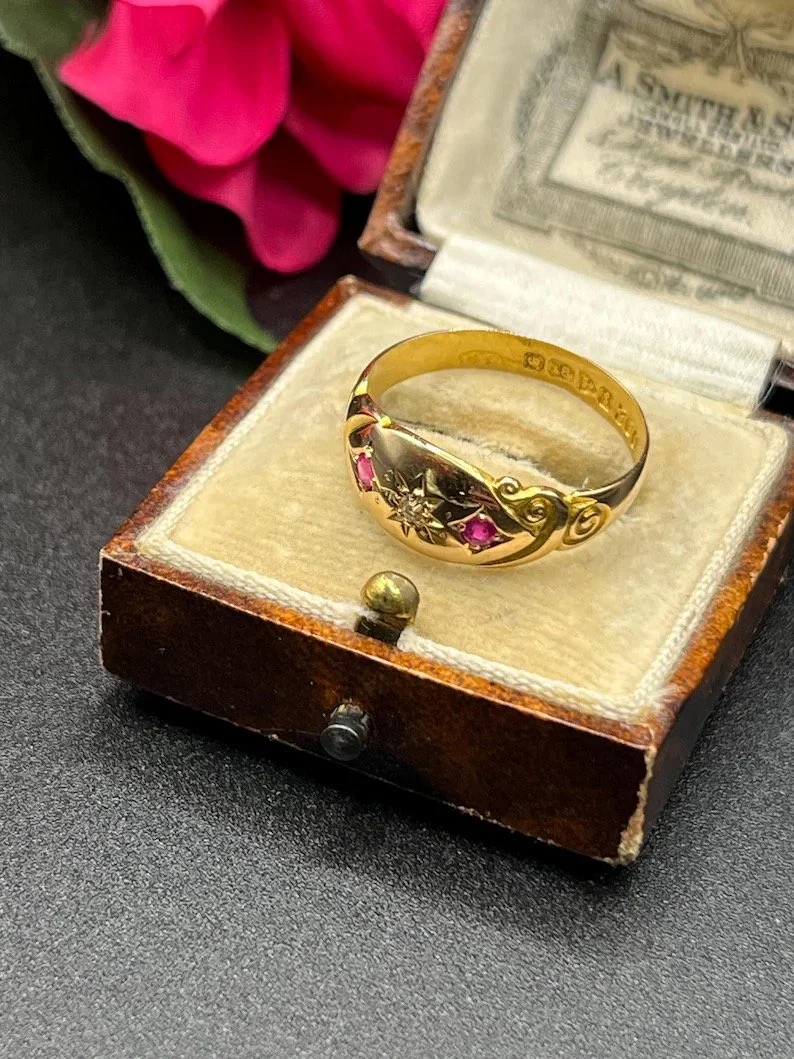 Antique 18ct Gold Edwardian Ruby & Diamond Three Stone Gypsy Ring, Hallmarked Chester 1905
