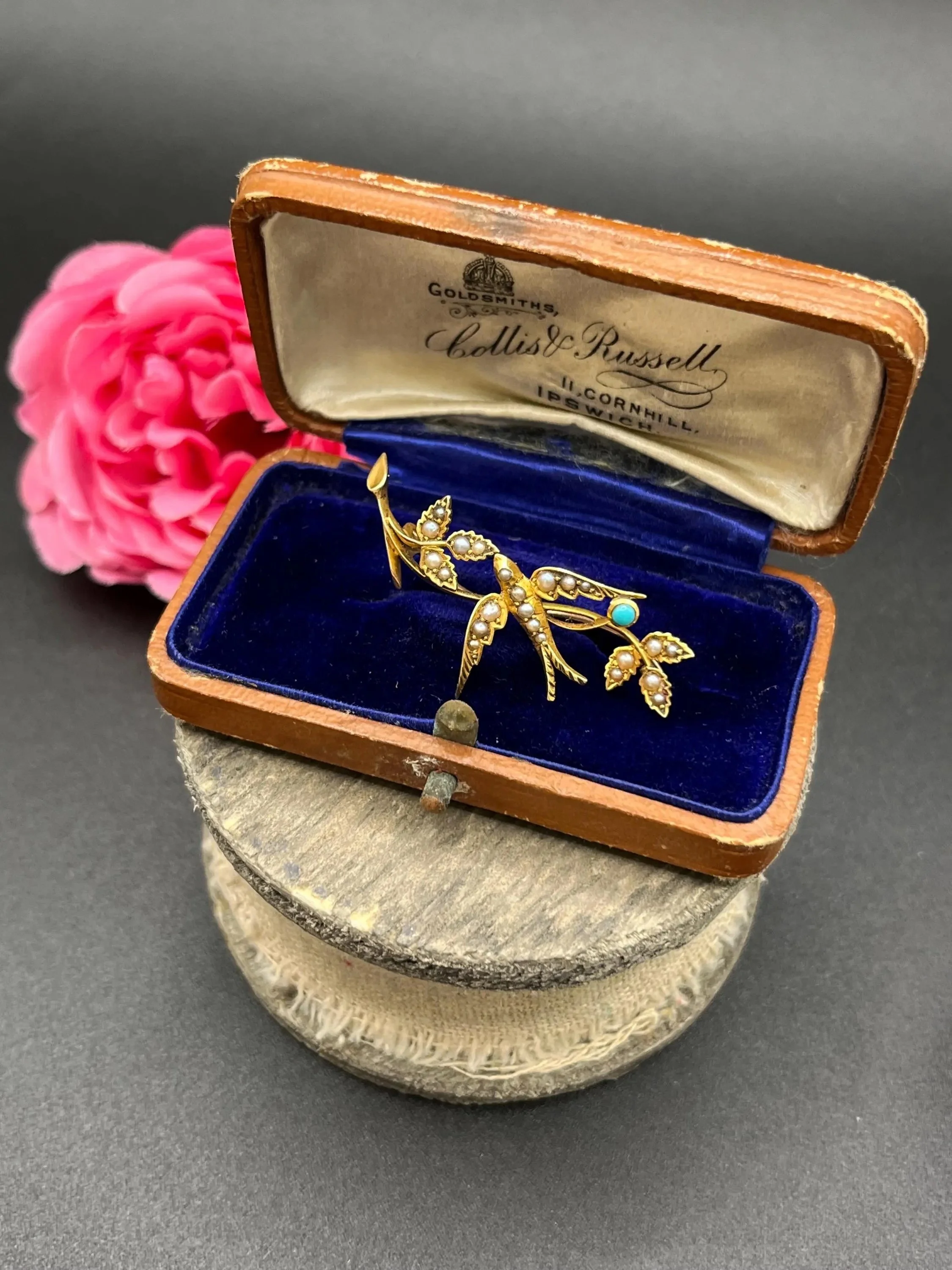 Antique 15ct Yellow Gold, Victorian Pearl & Turquoise Set Bird Swallow Brooch