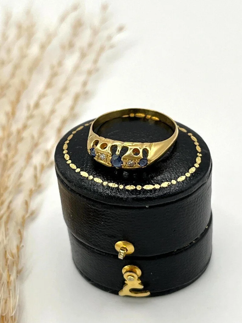 Antique 18ct Yellow Gold, Birmingham Hallmark, Victorian Sapphire & Diamond Five Stone Gypsy Band Ring