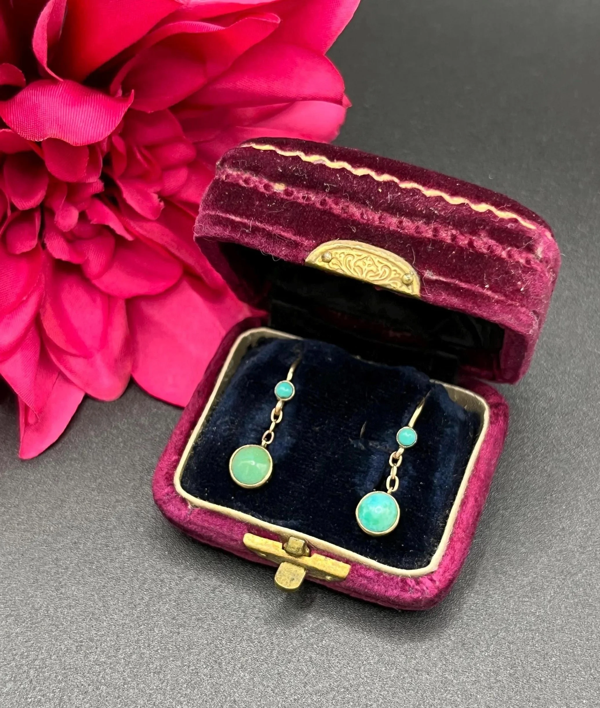 Antique 9ct Gold, Edwardian Turquoise Drop Dangle Earrings
