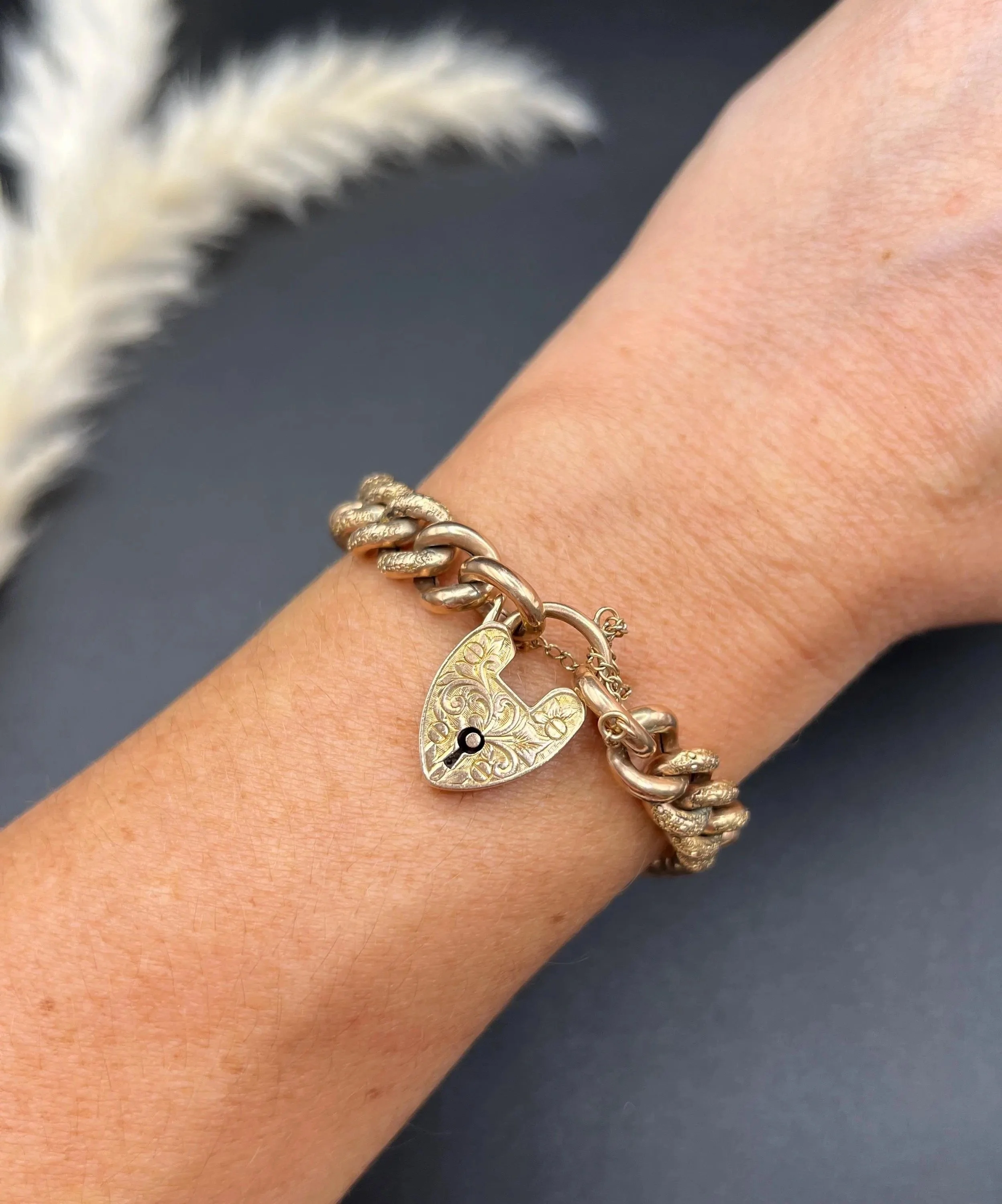 Antique 9ct Rose Gold Curb Bracelet: Edwardian Floral Heart Padlock