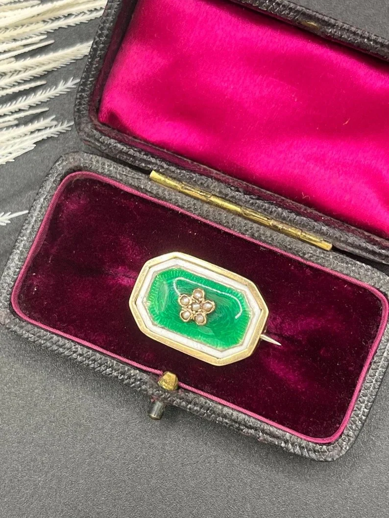 Antique 9ct Yellow Gold, Edwardian Green Enamel & Pearl Brooch, Circa 1910