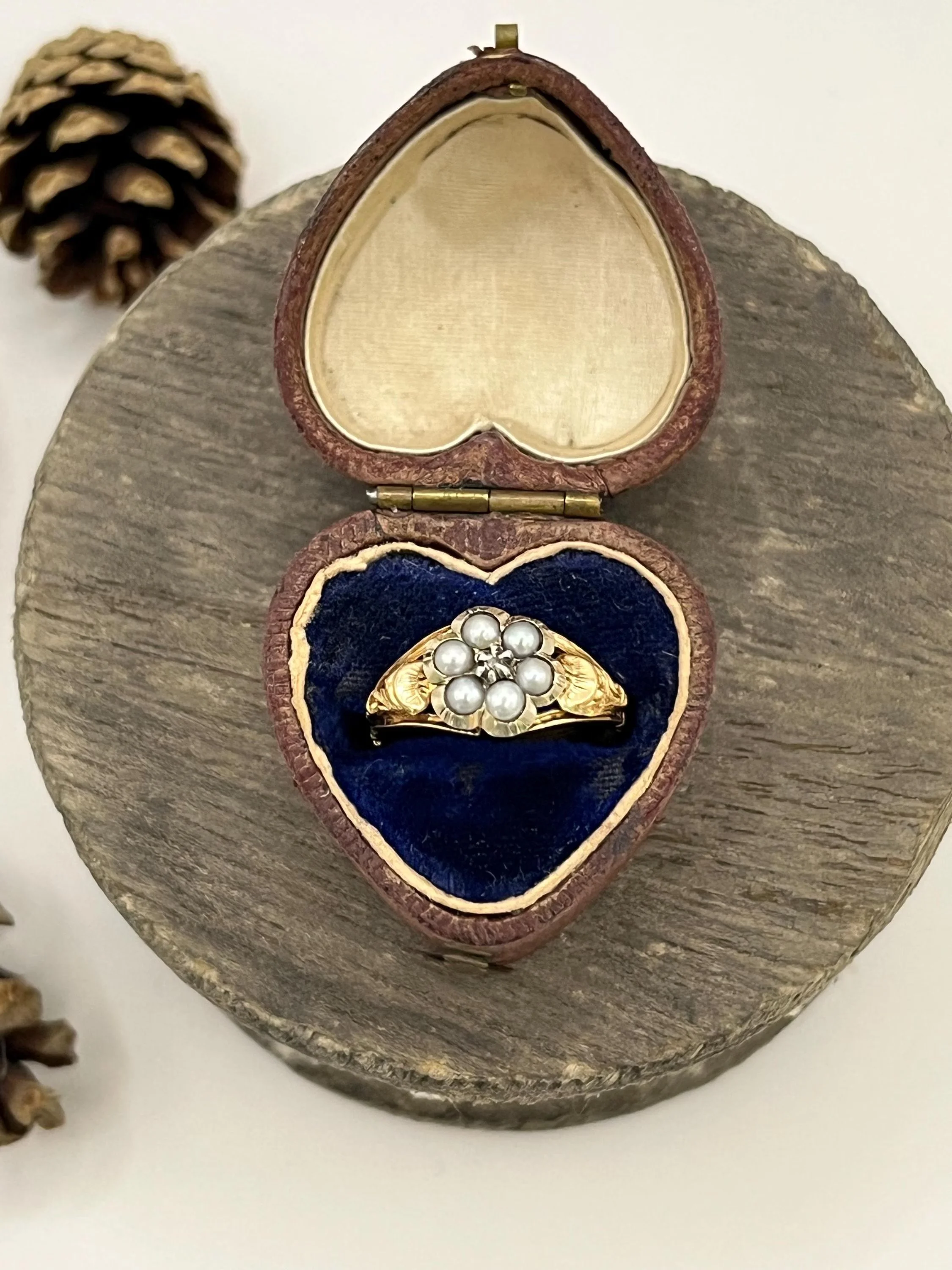 Antique 15ct Gold, Victorian Diamond Pearl Daisy Cluster Ring, Circa 1870