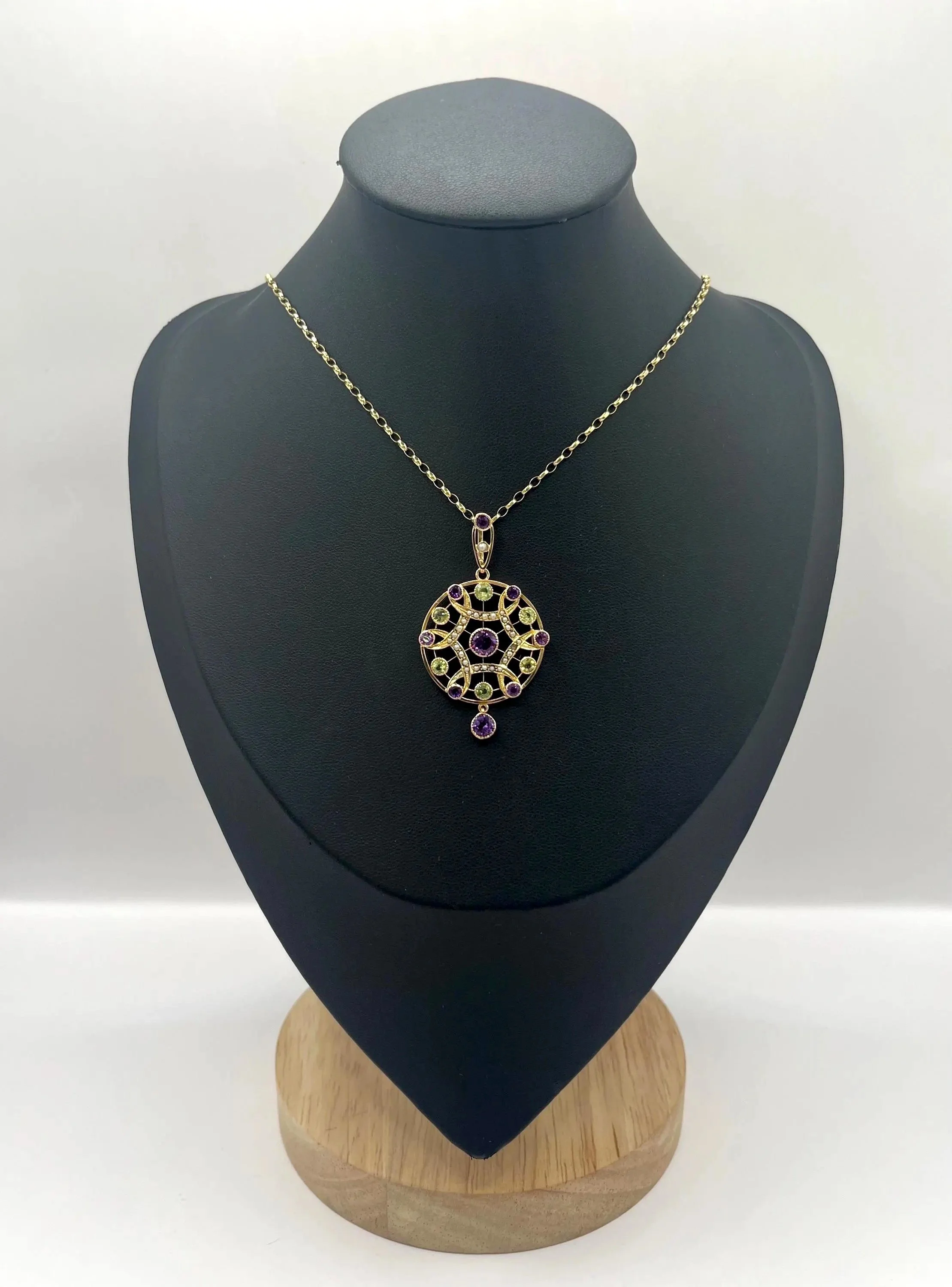 Antique 9ct Gold, Edwardian Amethyst, Pearl & Peridot Suffragette Pendant