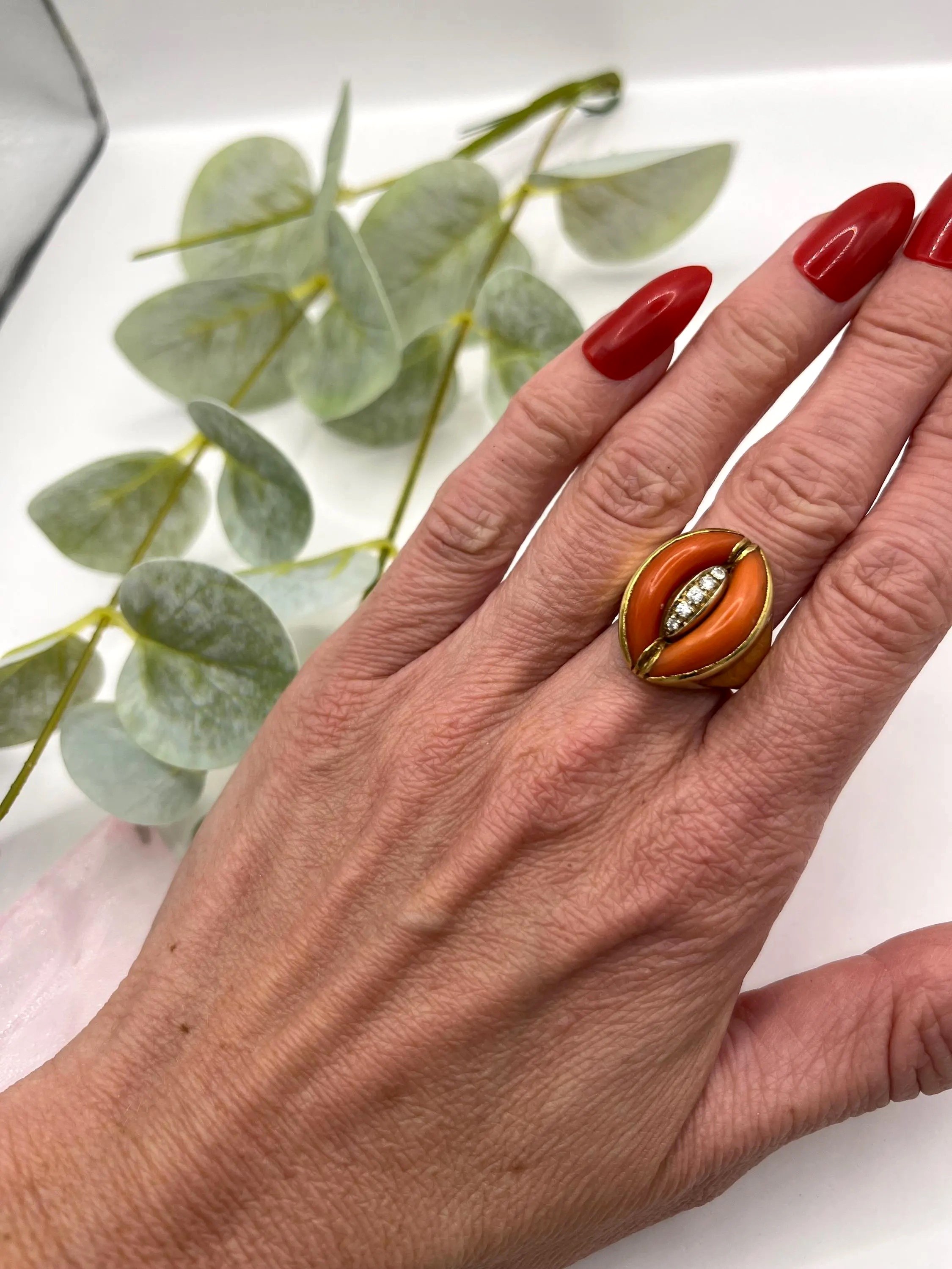 Antique 1920's Art Deco, 14ct Gold Coral Diamond Dome Ring