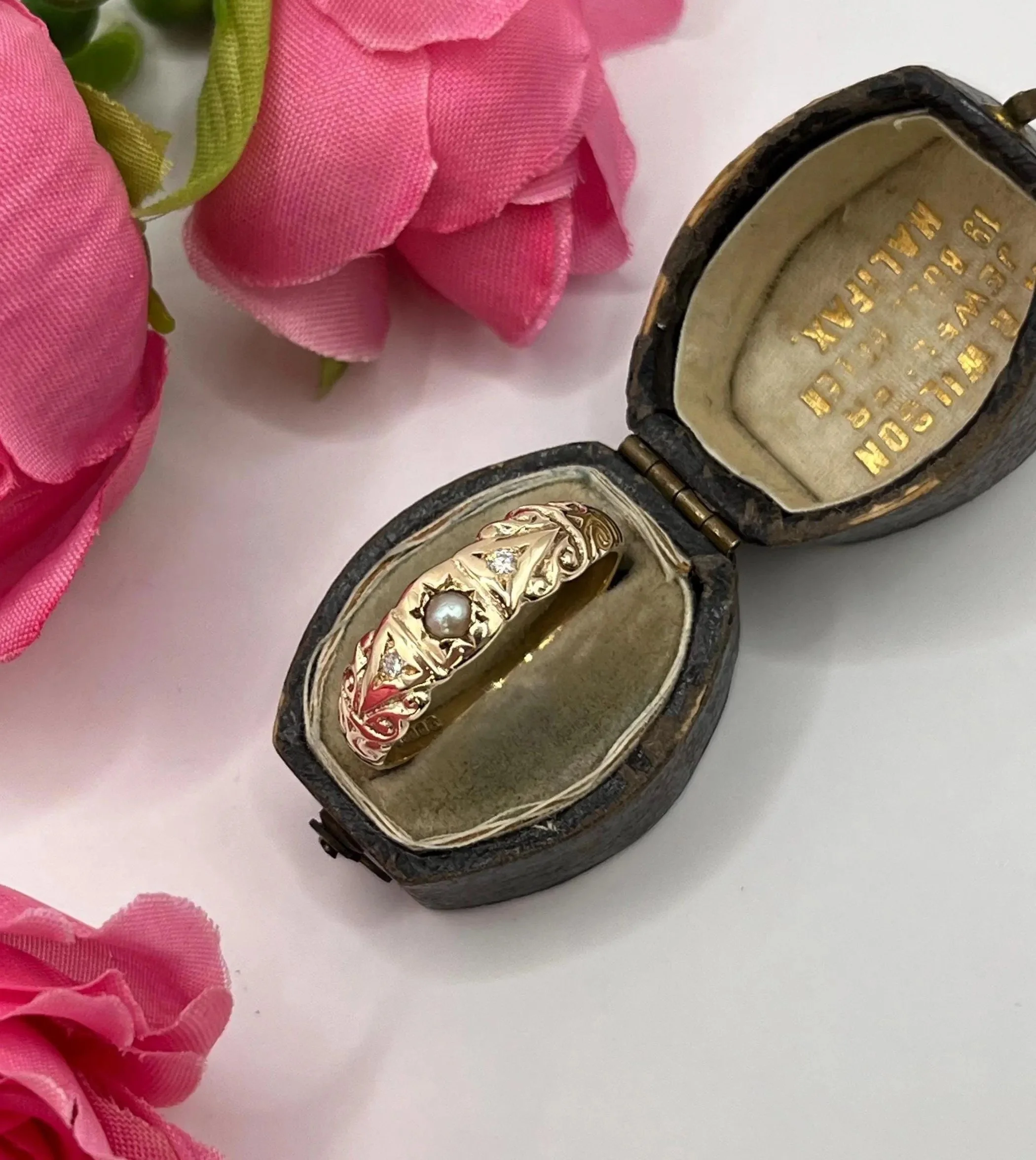 Vintage 9ct Gold, Diamond & Pearl Gypsy Ring, Birmingham Hallmarked 1979