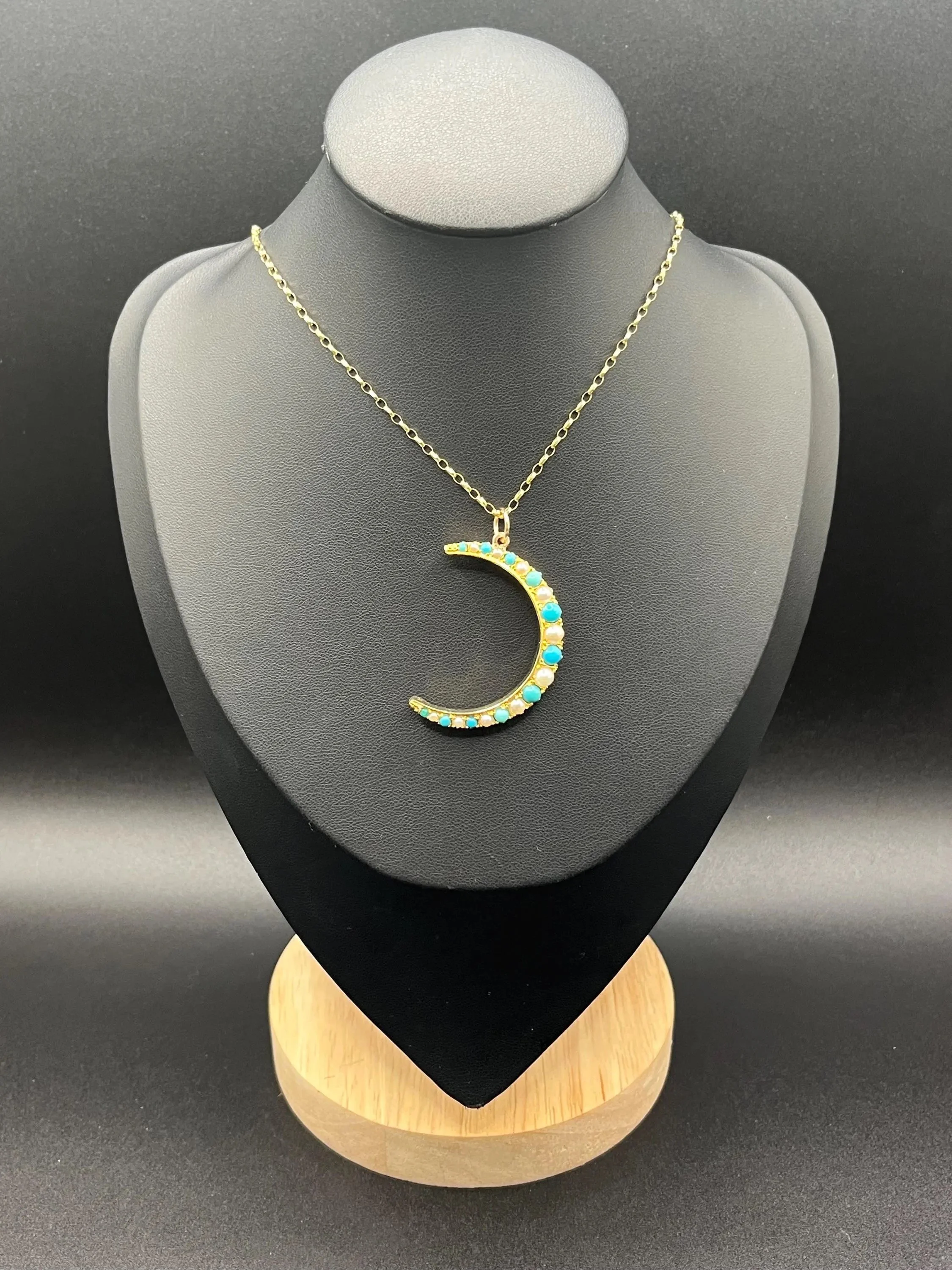 Antique 9ct Gold Edwardian Turquoise & Pearl Crescent Pendant