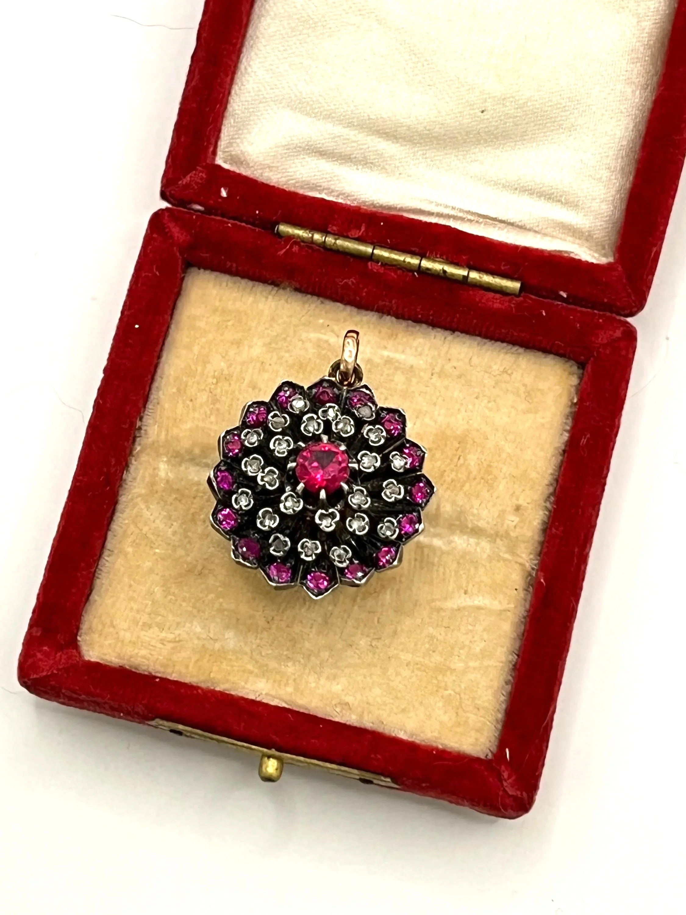 Antique 15ct gold Synthetic Ruby & Diamond Cluster Pendant Circa 1865