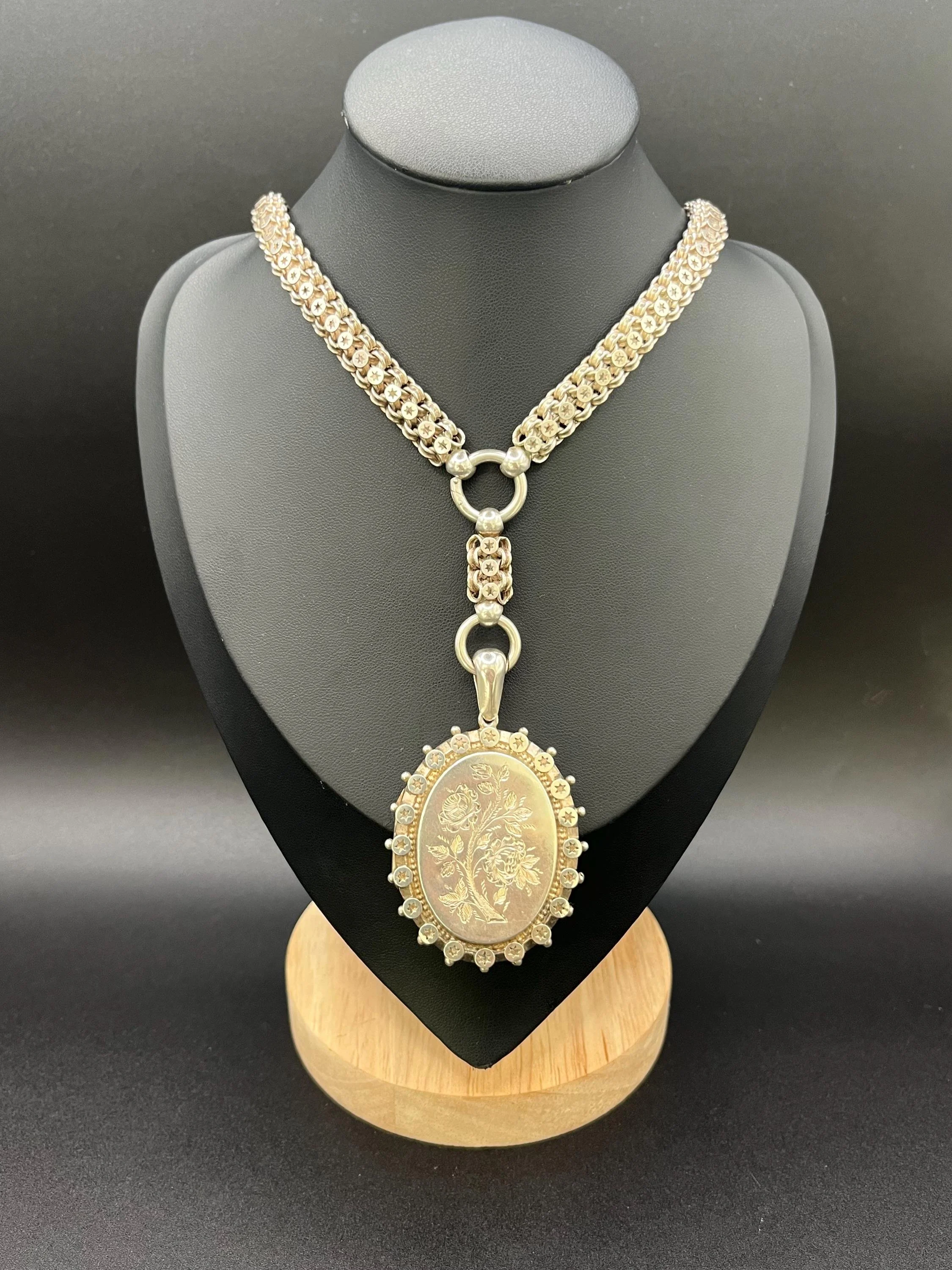 Antique Sterling Silver, Victorian Book Chain Necklace with Silver Engraved Locket, Hallmarked Birmingham 1876