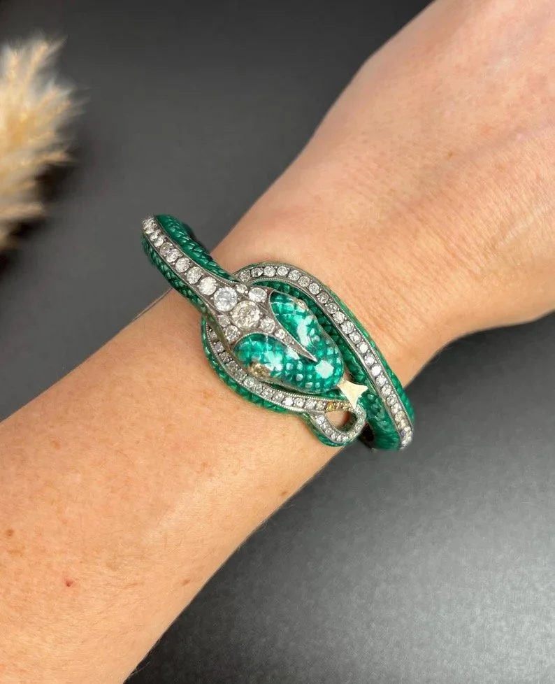 Vintage Silver & Gold, 1980s Green Enamel and 6 Carat Diamond Snake Bracelet, Serpent Bangle