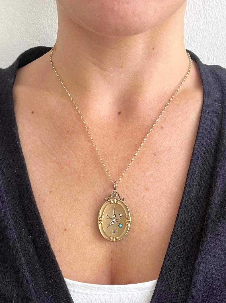 Antique 9ct Gold Back & Front Stamped, Edwardian Paste Swallow Turquoise Oval Locket