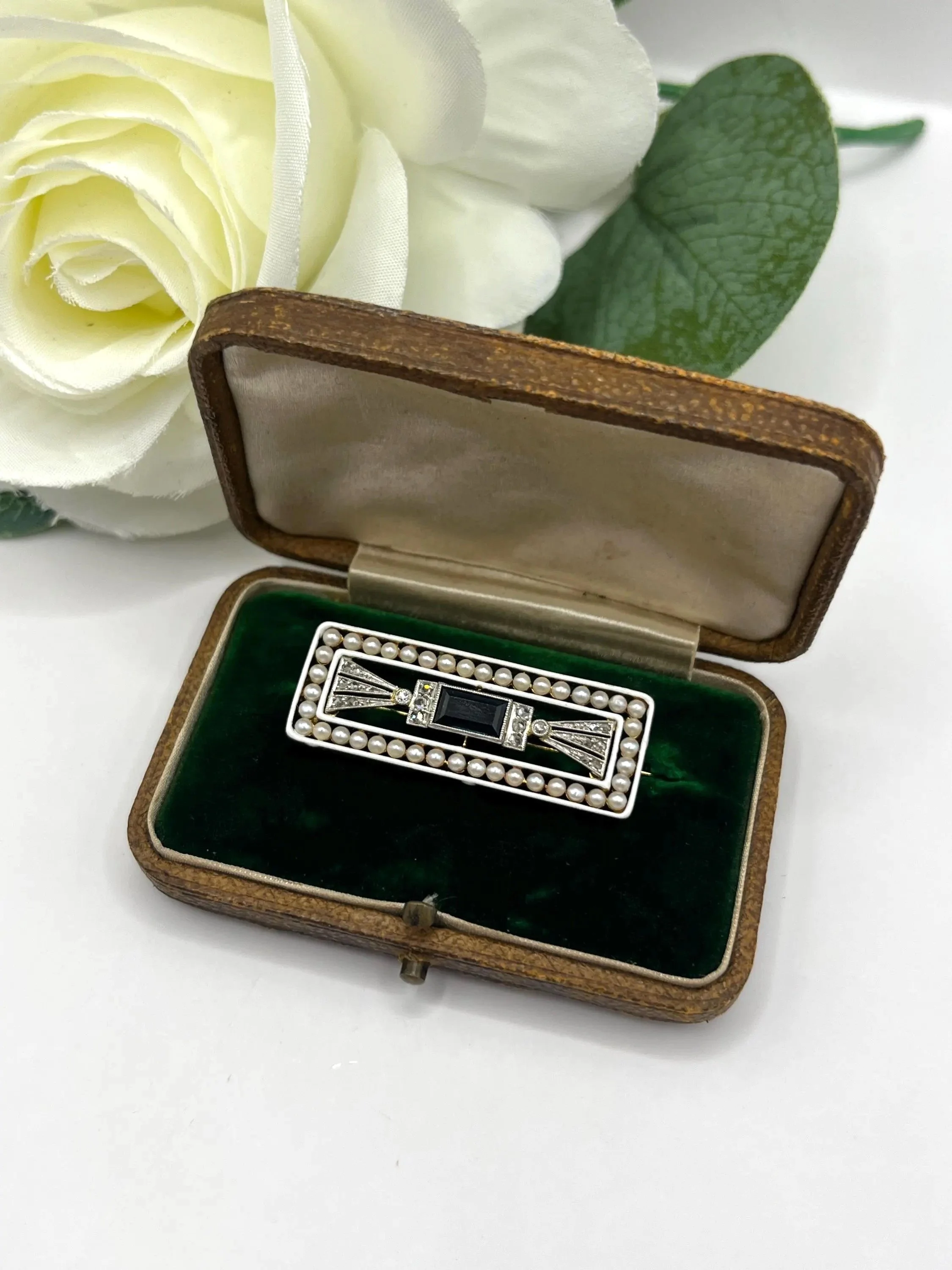 Antique 1920s Art Deco Sapphire, Diamond and Pearl Enamel Brooch