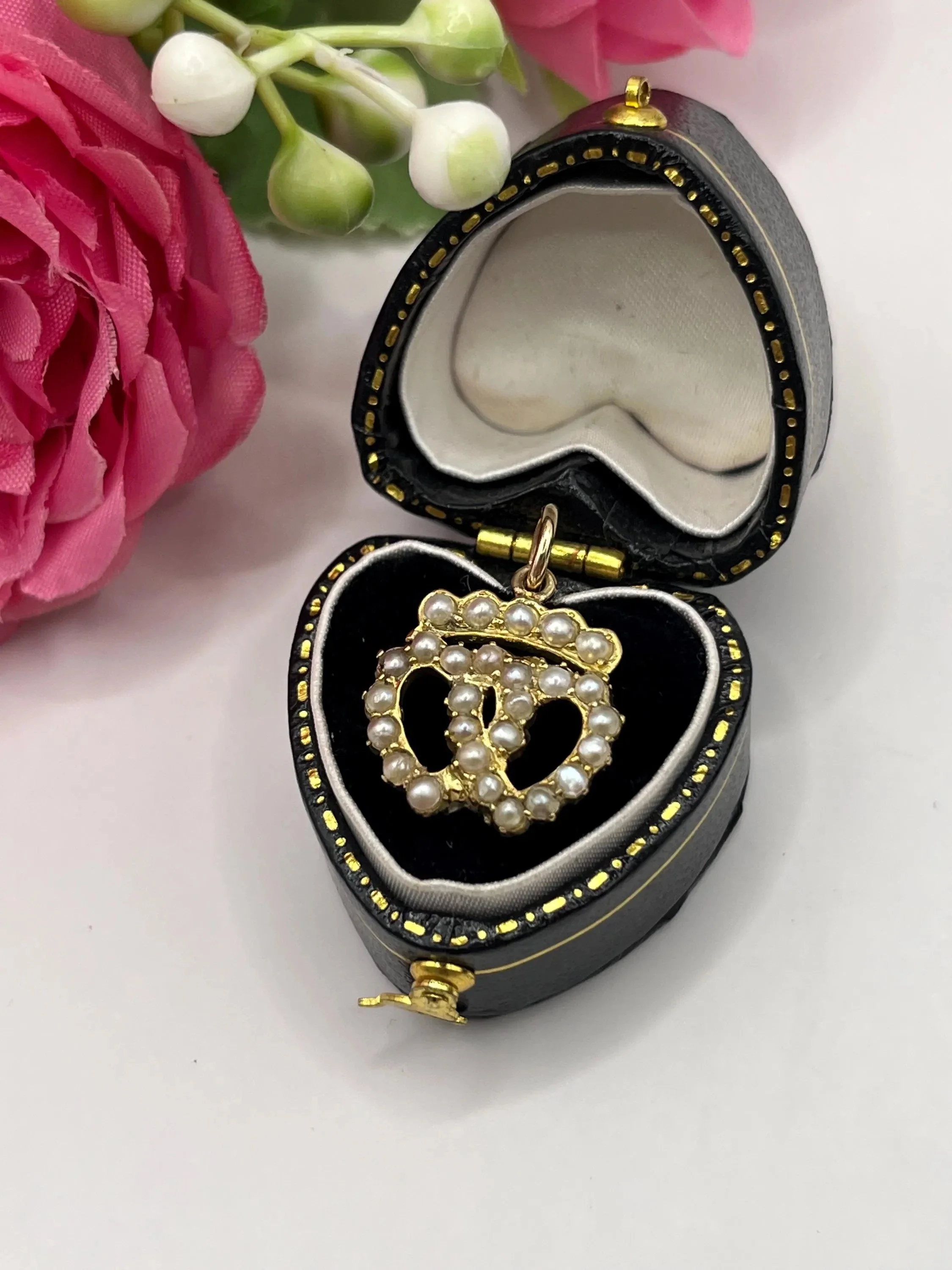 Antique 15ct Yellow Gold, Victorian Seed Pearl Double Heart Pendant