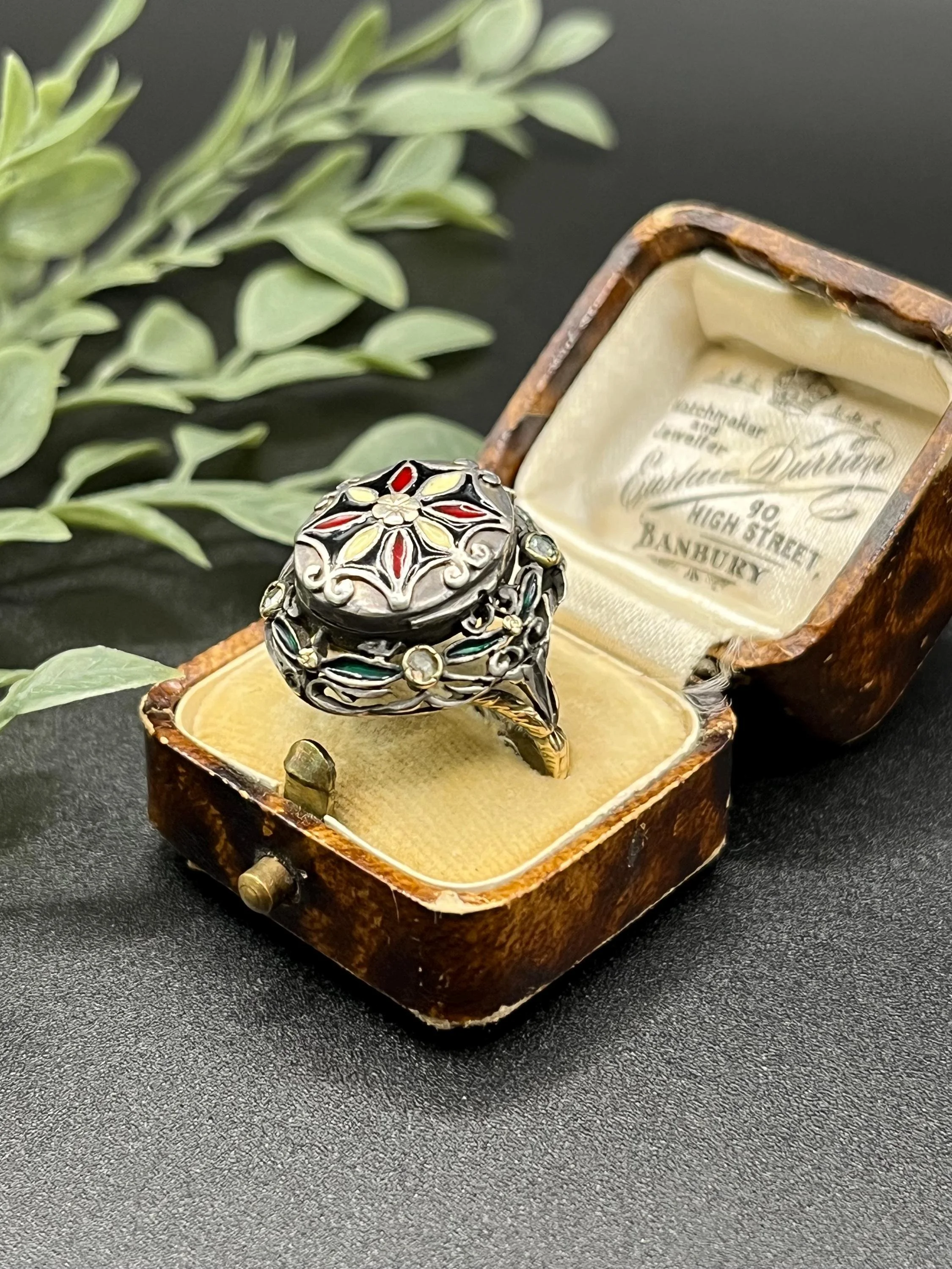 Antique Gold & Silver, Victorian Rose Diamond Enamel Poison Ring, Circa 1900