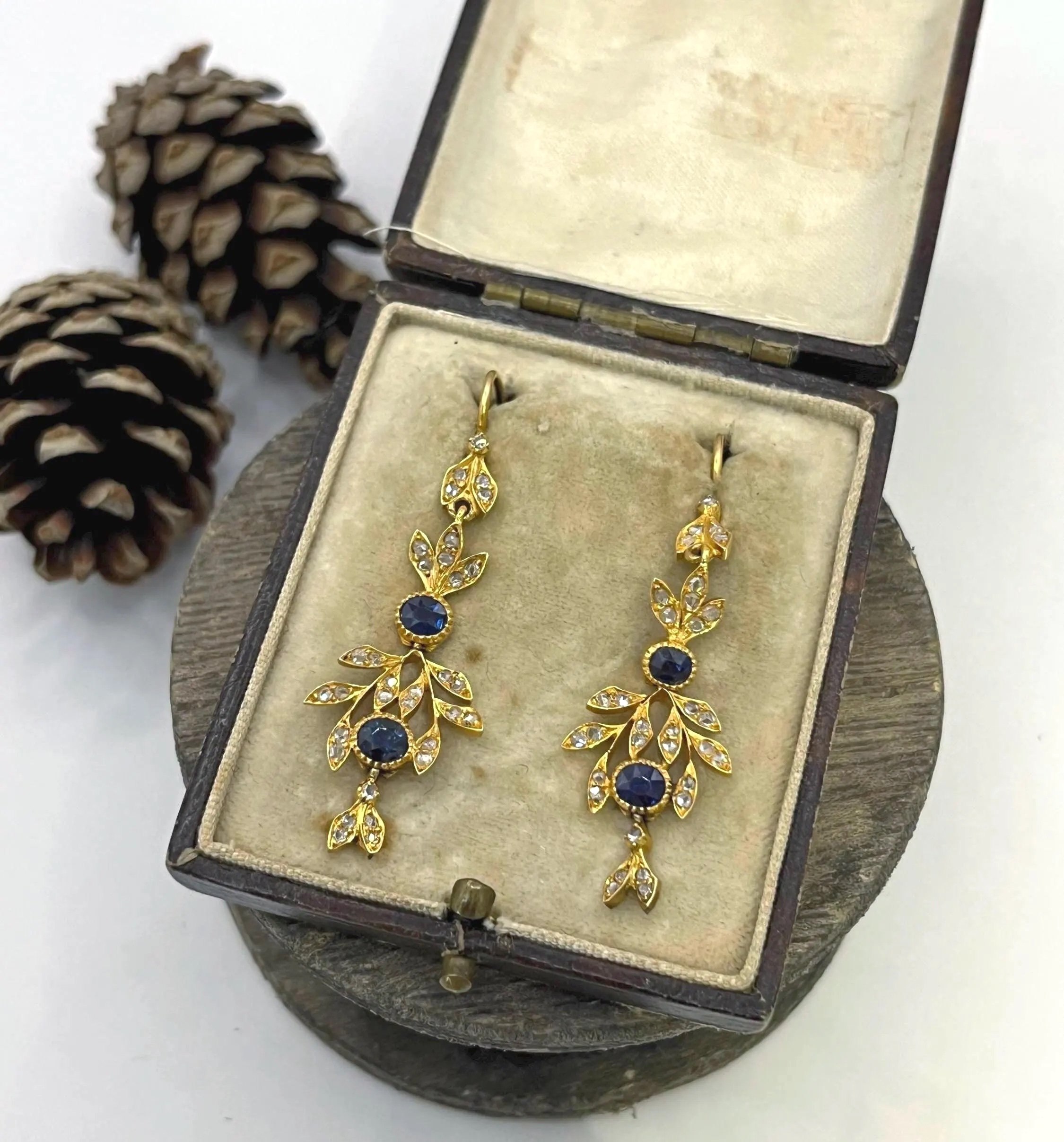 Antique 18ct Gold , Victorian Sapphire and Diamond Drop Earrings