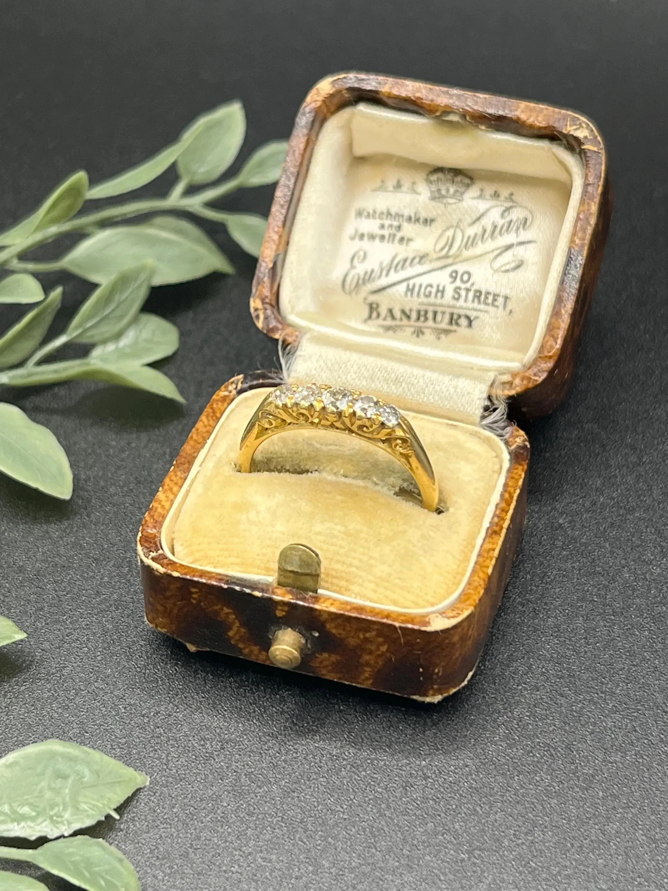 Antique 18ct Yellow Gold and Diamond 5 Stone Carved Half Hoop Ring, Hallmarked Birmingham 1914