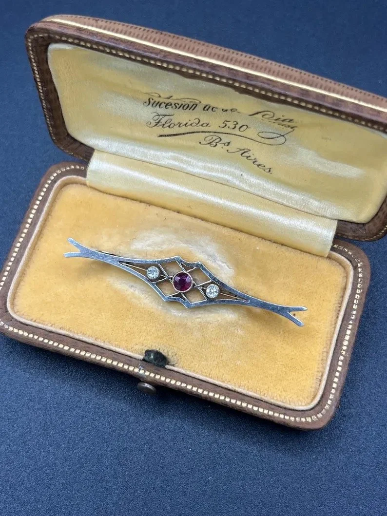 Antique Platinum and 18ct Yellow Gold, Edwardian Diamond & Ruby Brooch