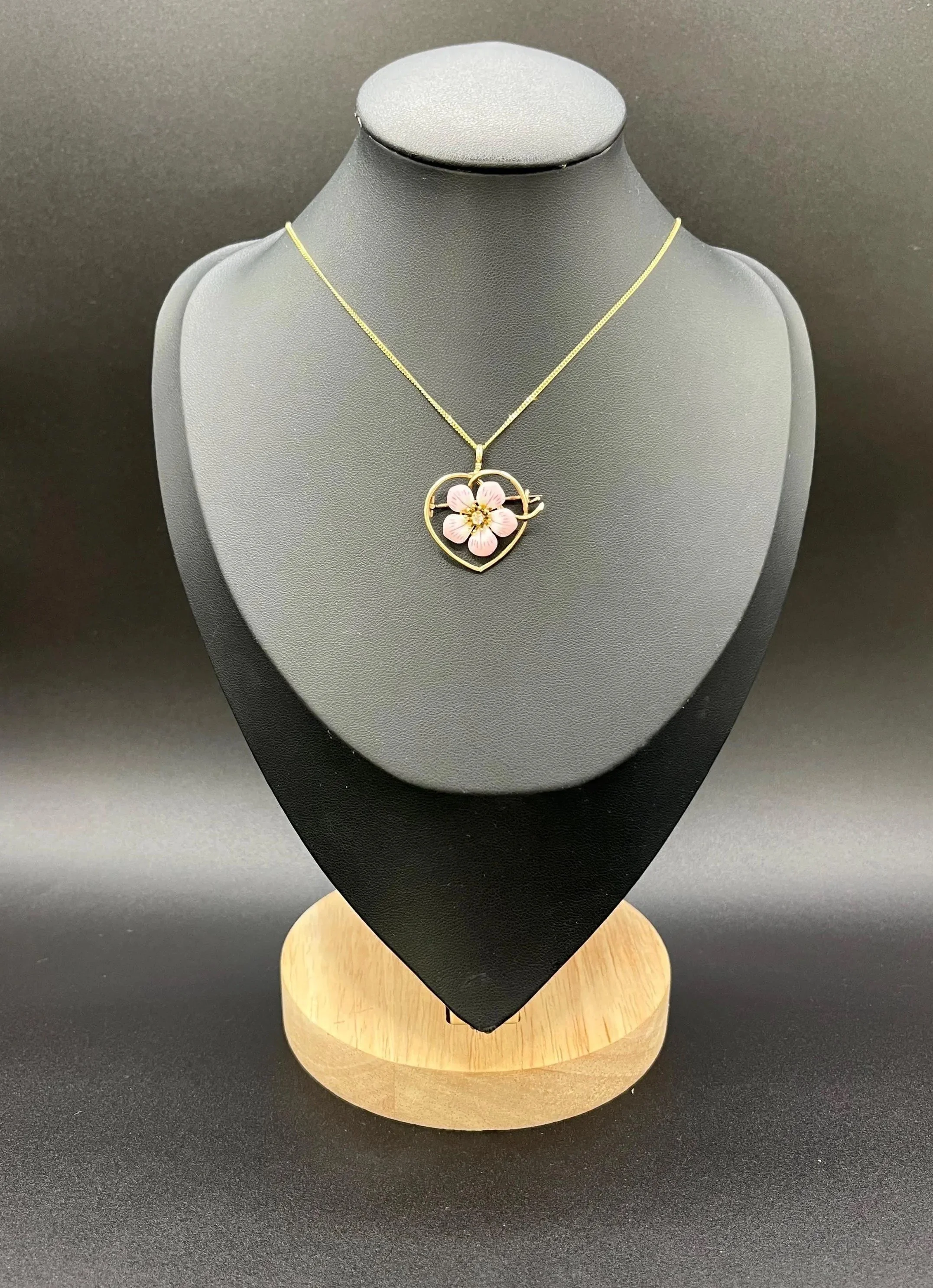 Antique 14ct Gold and Diamond Pink Enamel Flower Heart Pendant / Brooch