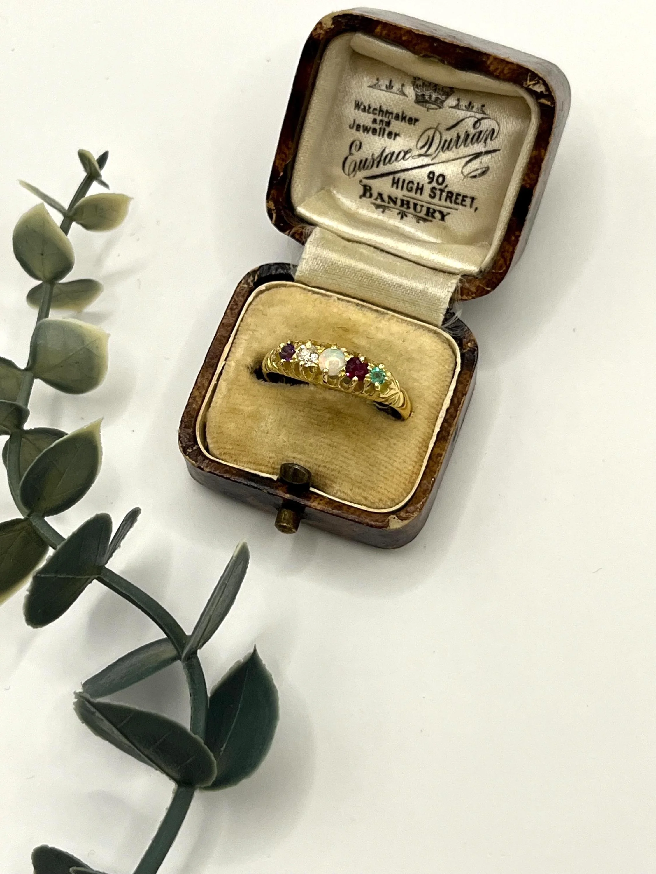 Antique 18ct Gold Stamped, Victorian ADORE Amethyst, Diamond, Opal, Ruby & Emerald Acrostic Ring