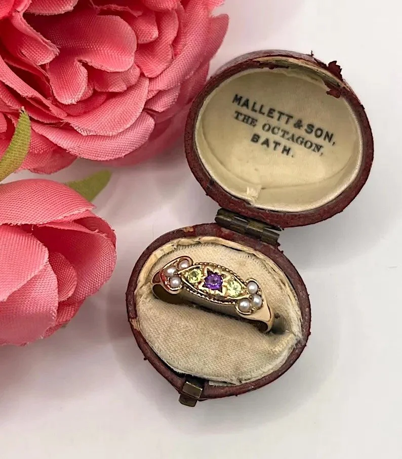 Antique 15ct Gold, Amethyst, Seed Pearl and Peridot Suffragette Ring