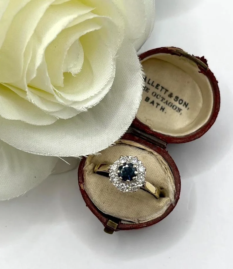 Vintage 18ct Gold, Sapphire Diamond Round Cluster Ring, Hallmark Birmingham 1986