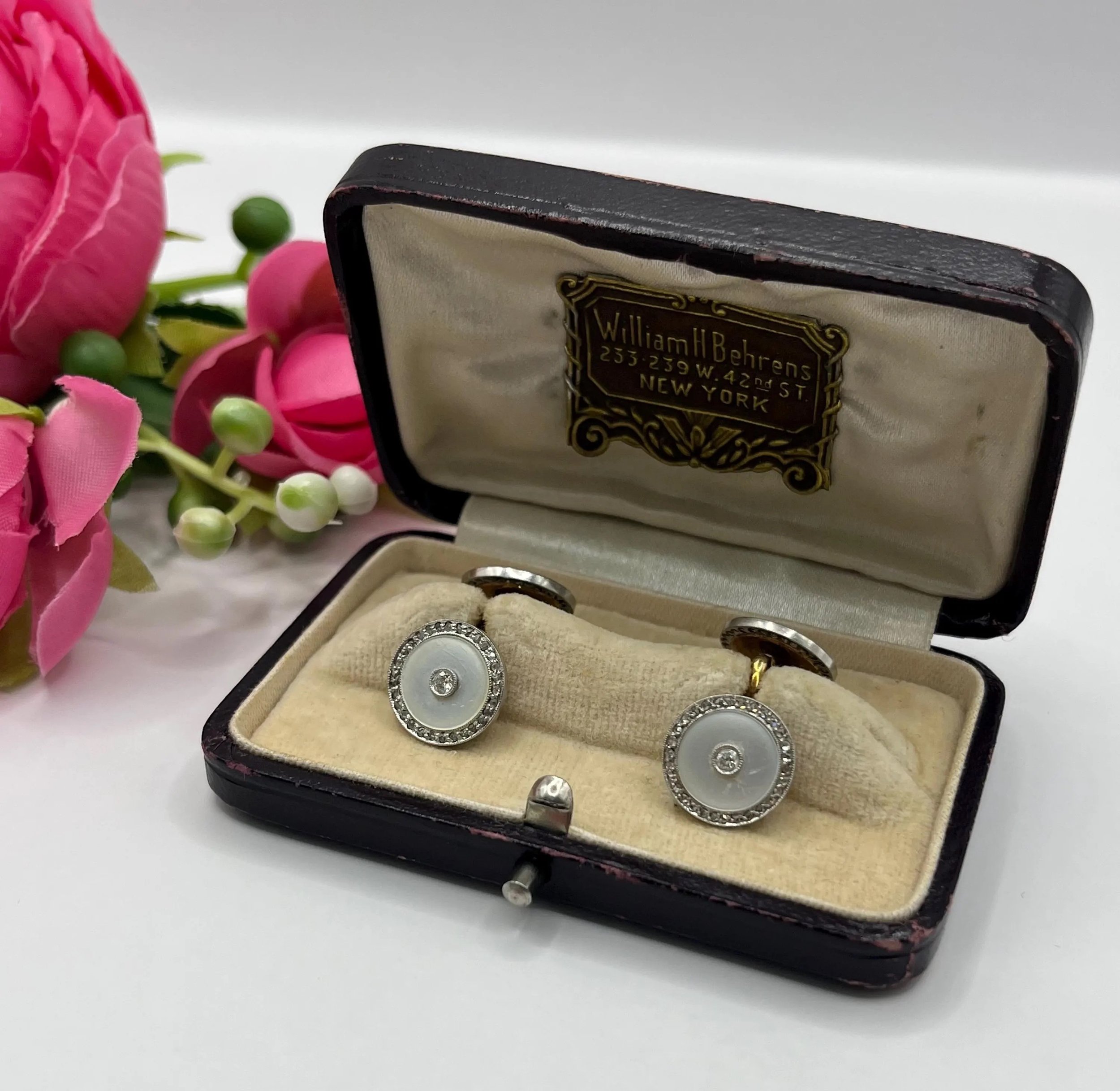 Antique Art Deco Mother of Pearl & Diamond Cufflinks, 14ct Gold