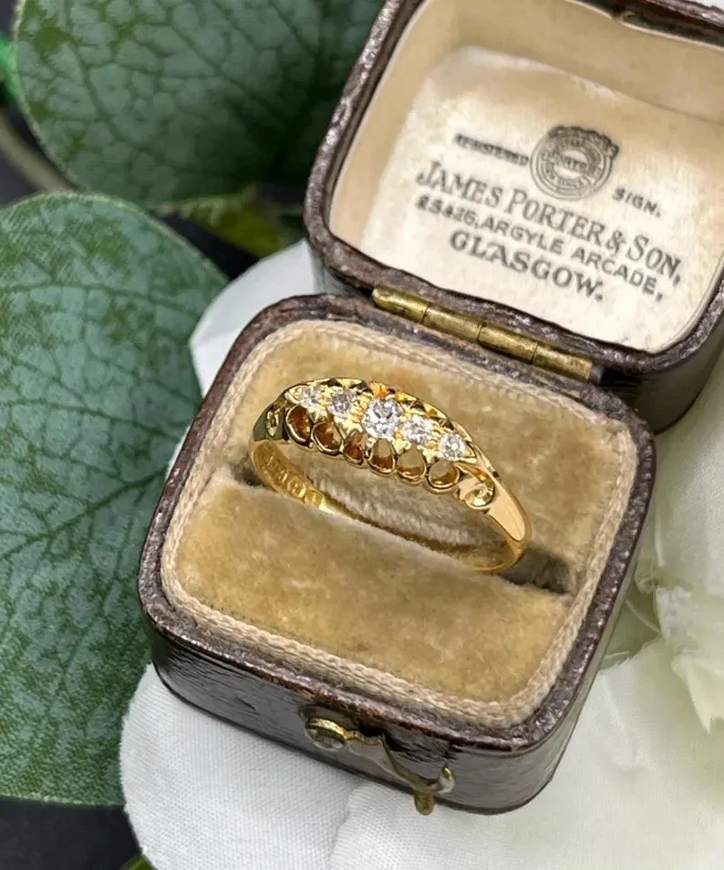 Antique 18ct Yellow Gold Edwardian Diamond 5 Stone Carved Half Hoop Ring, Birmingham 1903